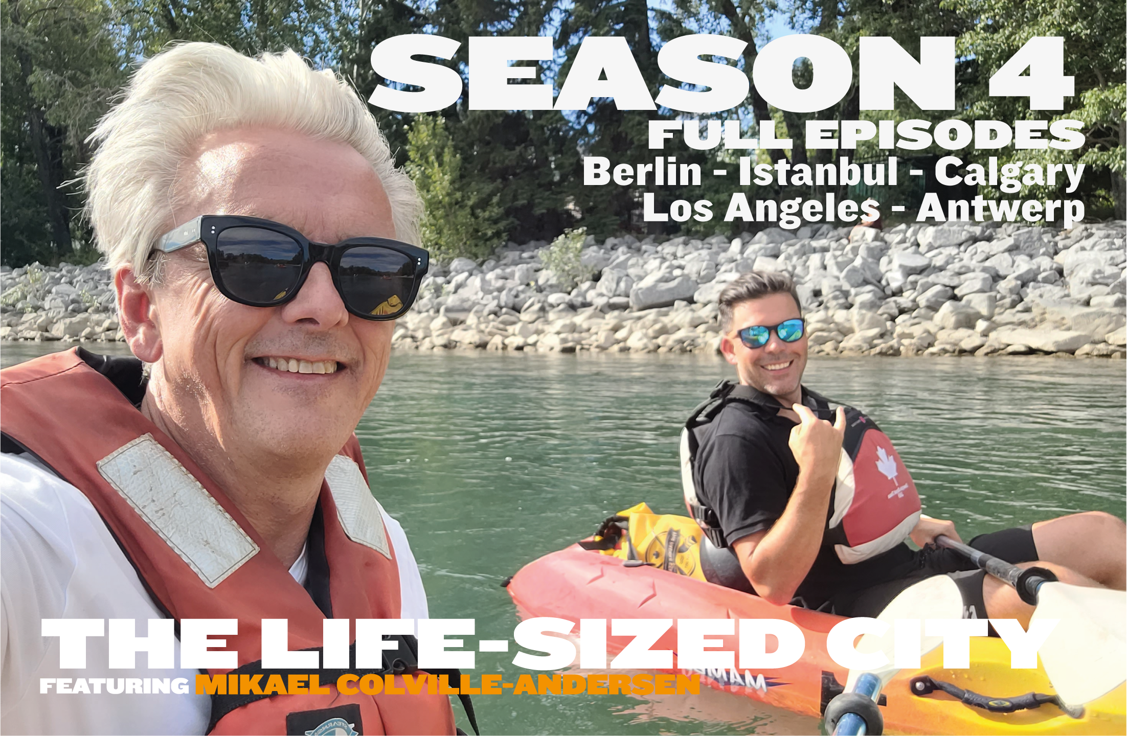 Two men on kayaks in a river, smiling at the camera, with trees and rocks in the background, promoting a season of a travel show.
