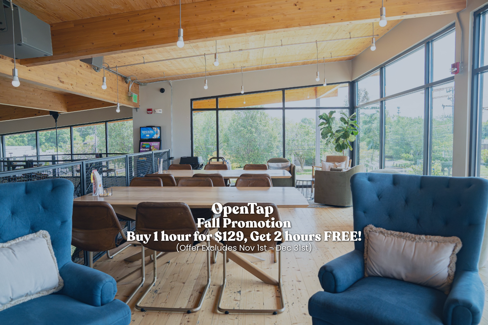 A spacious, sunlit cafe with wooden floors and ceiling, large glass windows, and various chairs and tables. Comfortable blue armchairs with pillows and a potted plant are near the windows. In the background, there are televisions and greenery outside.