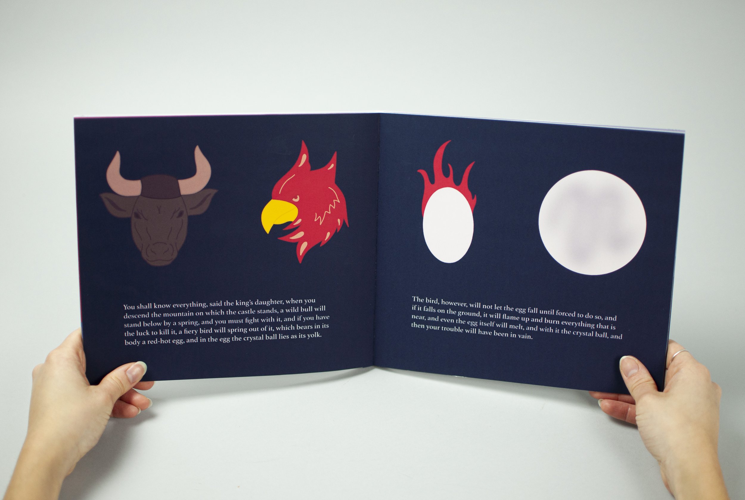 Interior spread of The Crystal Ball showing a bull, Phoenix, egg on fire and Crystal ball