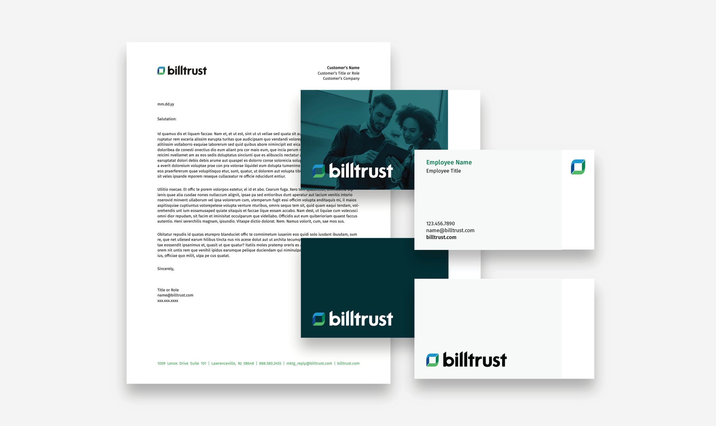 Billtrust stationery including a letterhead and business cards