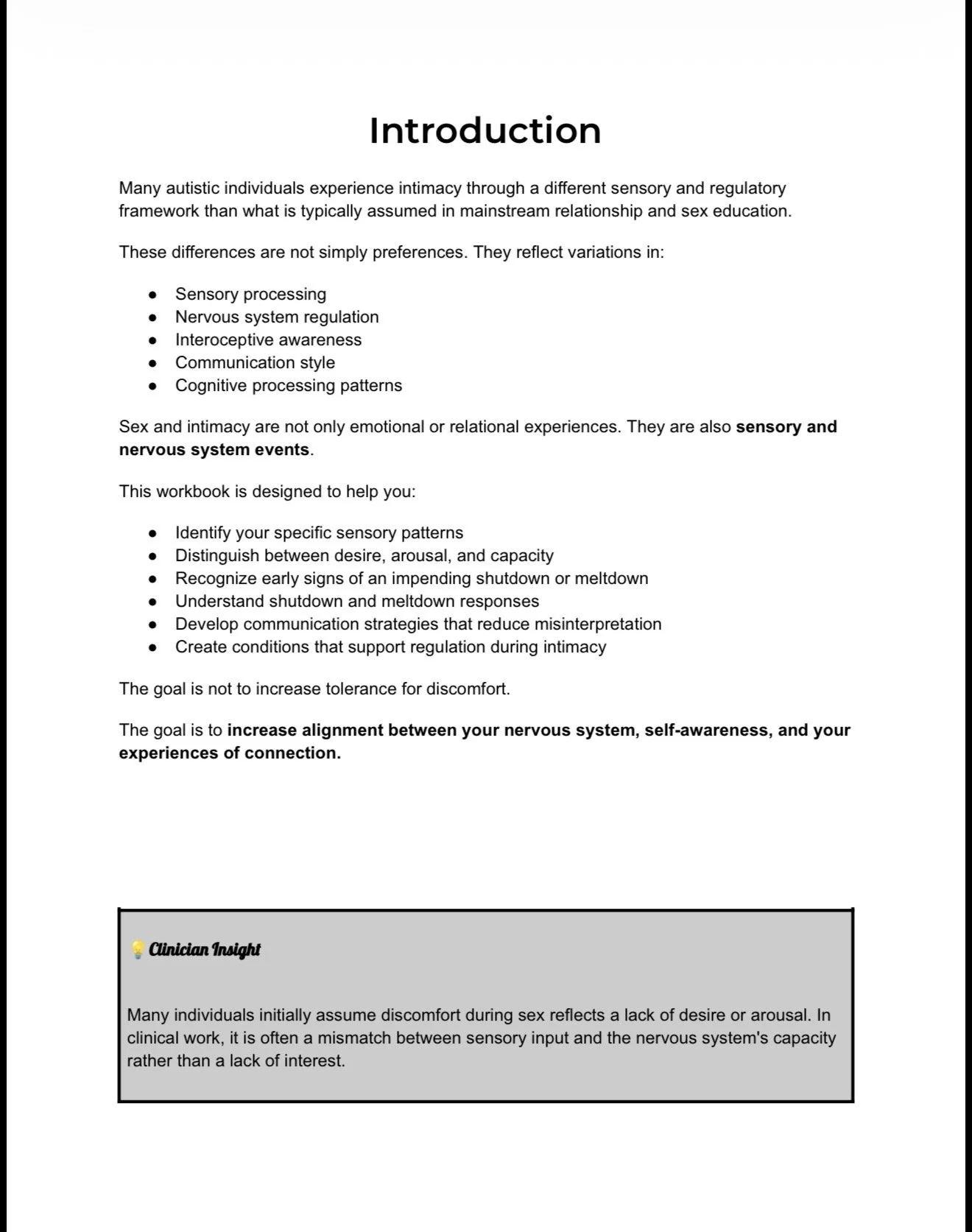 Page with text about intimacy, sensory processing, nervous system, and treatment strategies, including a section titled "Clinician Insight" with a gray background and a small icon of a light bulb.