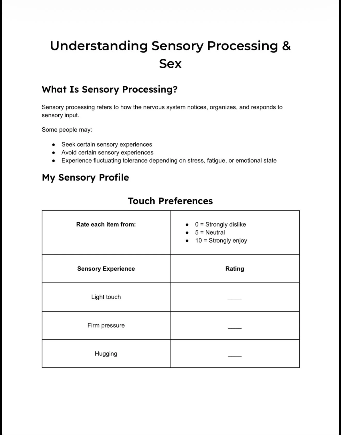 A worksheet titled 'Understanding Sensory Processing & Sex'. It explains sensory processing and includes a sensory profile with touch preferences, rating scales, and categories for light touch, firm pressure, and hugging.