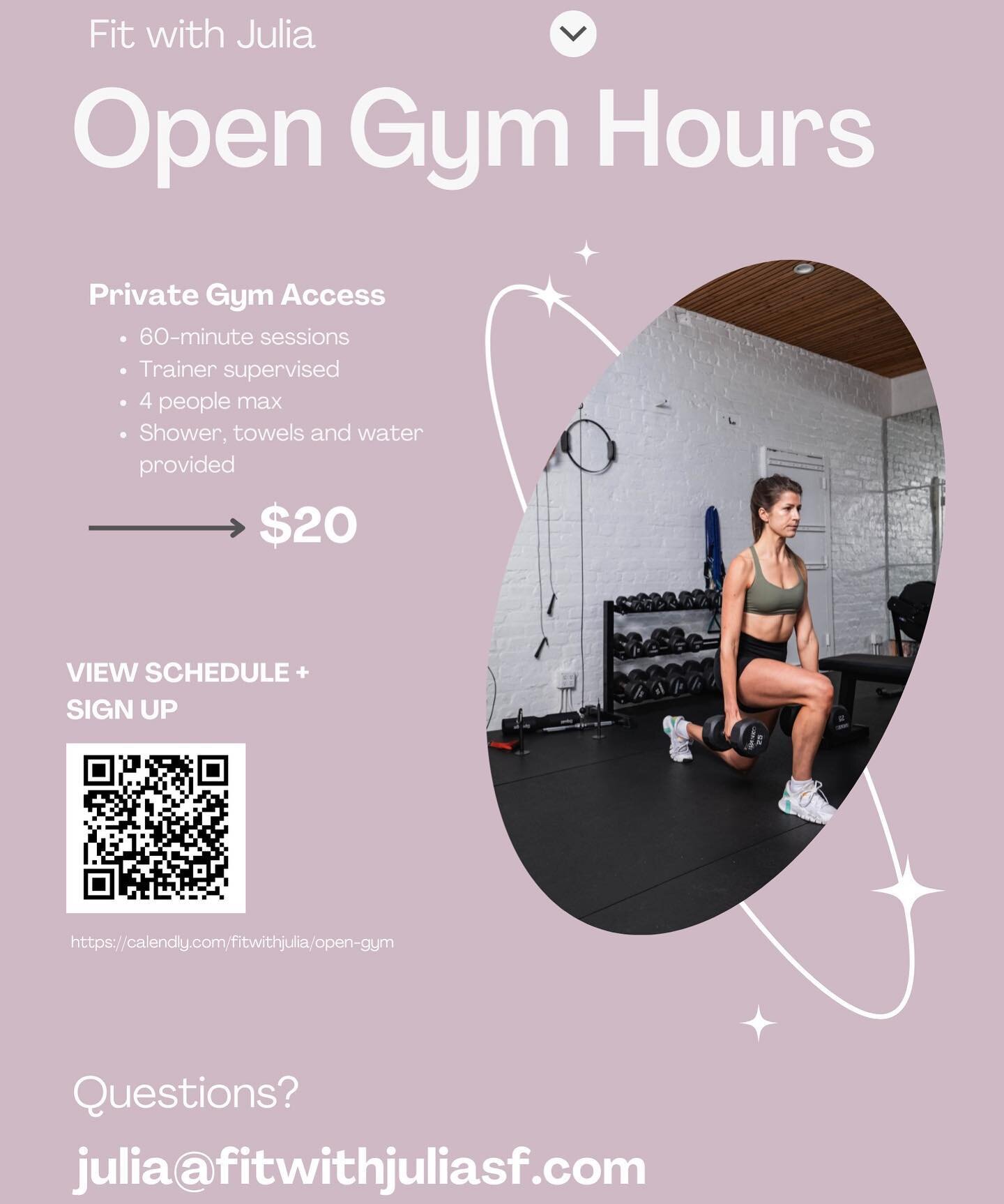 Do you or your clients need a clean, private space for workouts?

Im opening my Mission (Valencia and 14) studio to open hours 3x per week with special hours added weekly. 

This is a great option if you hate crowded gyms! 

equipment: 100&rdquo; rog