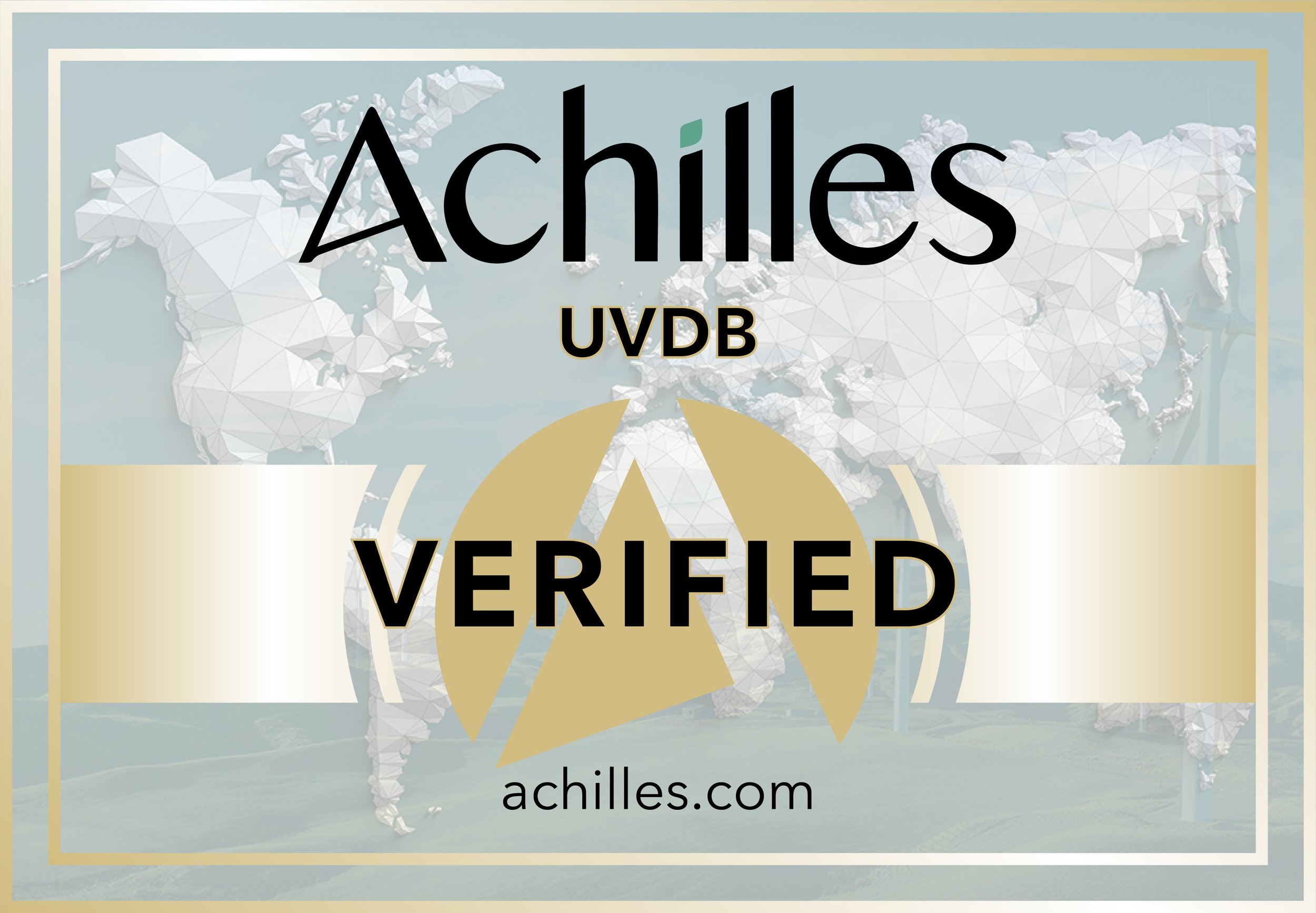 A digital certificate displaying a world map in a geometric style with the words 'Achilles UVDB VERIFIED' and the website 'achilles.com'.