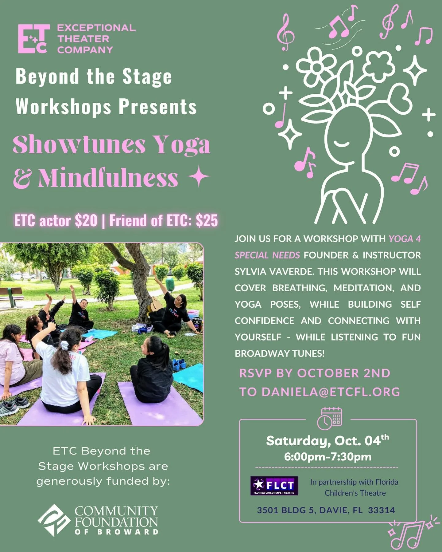 Join us this Saturday, Oct 4th at 6:30pm for yoga &amp; mindfulness to our favorite Broadway tunes 🎭🎶🧘🏻&zwj;♀️✨ 

💌 RSVP today! Daniela@etcfl.org