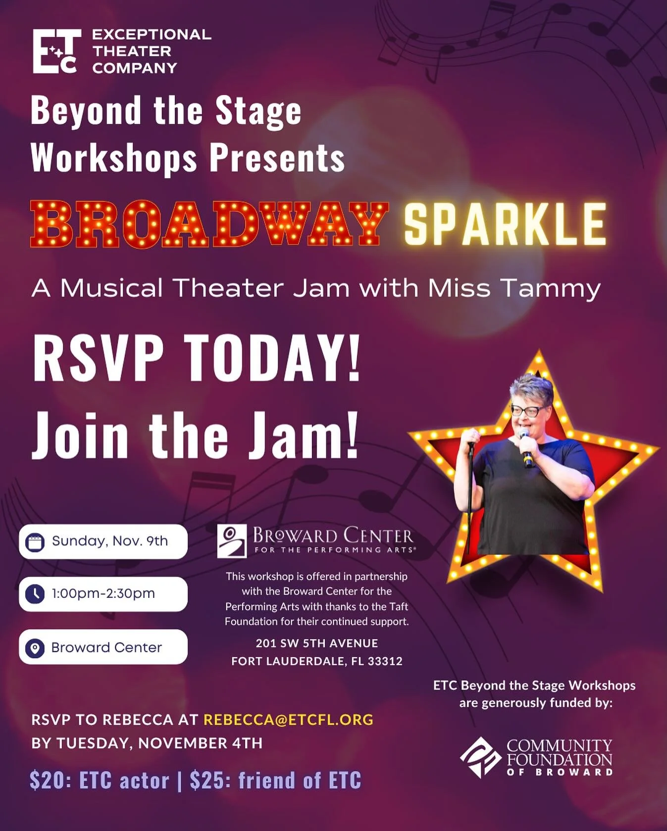 Sunday plans = made! ✨

Join us at the Broward Center for the Performing Arts for a creative workshop with Miss Tammy on Sunday, November 9.
All levels welcome, come play, move, and make theater magic with us! 🎭💫

What&rsquo;s in the jam?
&bull; Si