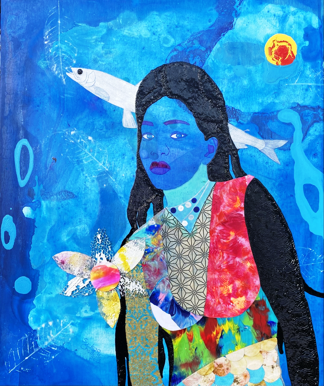 #1 2022, 20x24in, Woman Whose Children are the Fish...II, Acrylic,Collage, Enamel and Sea-fan on Wood Panel CI$3500.00.png