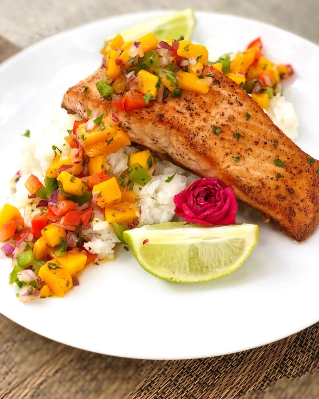 One of my all time favorites! Pan Seared Salmon, Coconut Rice and Mango Salsa🥭