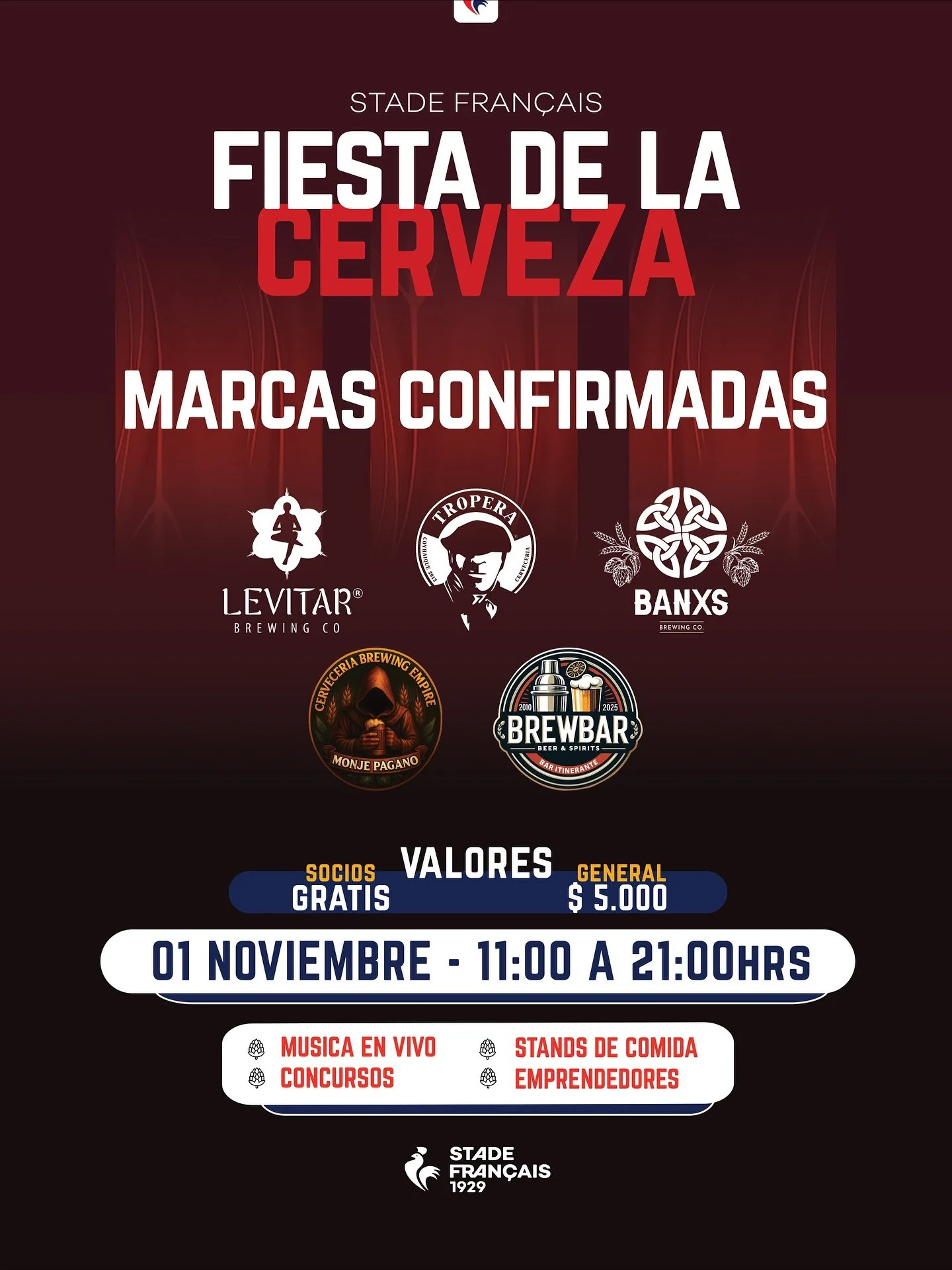 🍻 ¡Primeras marcas confirmadas! 🎉
Se viene la Gran Fiesta de la Cerveza este 1 de noviembre en el Stade Français, y estas son las primeras 5 cervecerías confirmadas que estarán presentes con todo su sabor y estilo 🍺🔥