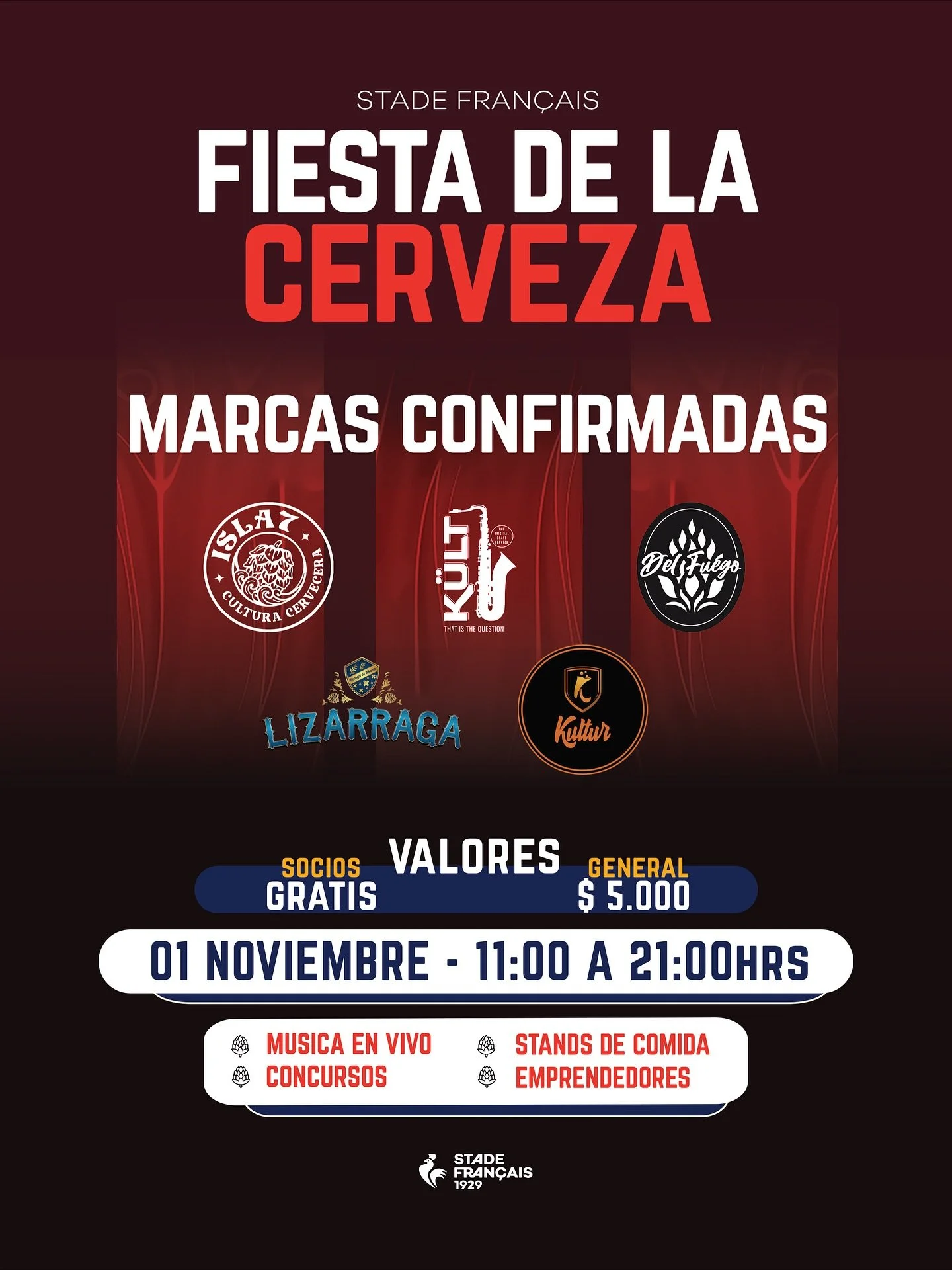 🍻 ¡Nuevas marcas confirmadas! 🎉
Se viene la Gran Fiesta de la Cerveza este 1 de noviembre en el Stade Français, y estas son las últimas 5 cervecerías confirmadas que estarán presentes con todo su sabor y estilo 🍺