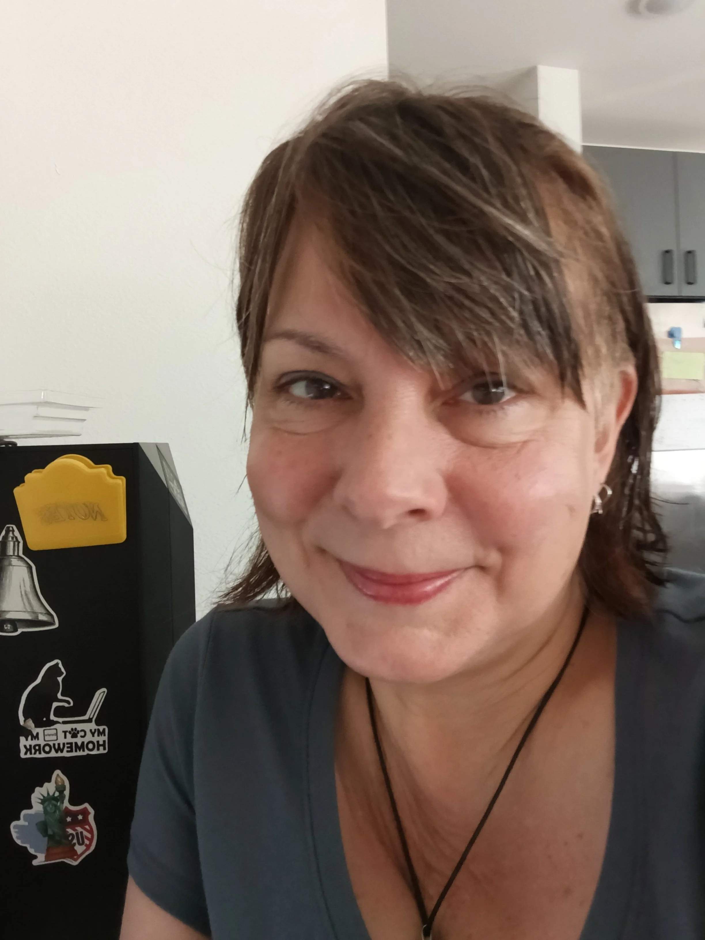 A woman with short brown hair and a black shirt is smiling at the camera. There are stickers on a black object behind her, including a yellow tag, a sticker with the US map and the text 'MY CAT', an 'I ♥ NY' sticker, and a Starbucks logo. The background includes a white wall and part of a kitchen with gray cabinets.
