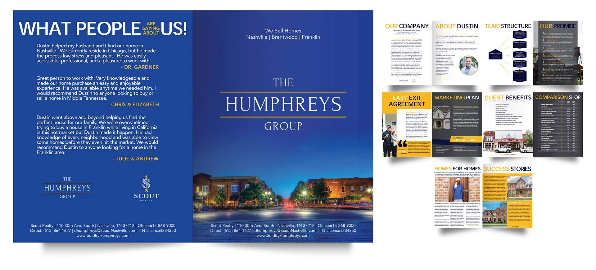 Brochure for the Humphreys Group real estate company featuring testimonials, team information, property images, and market insights.