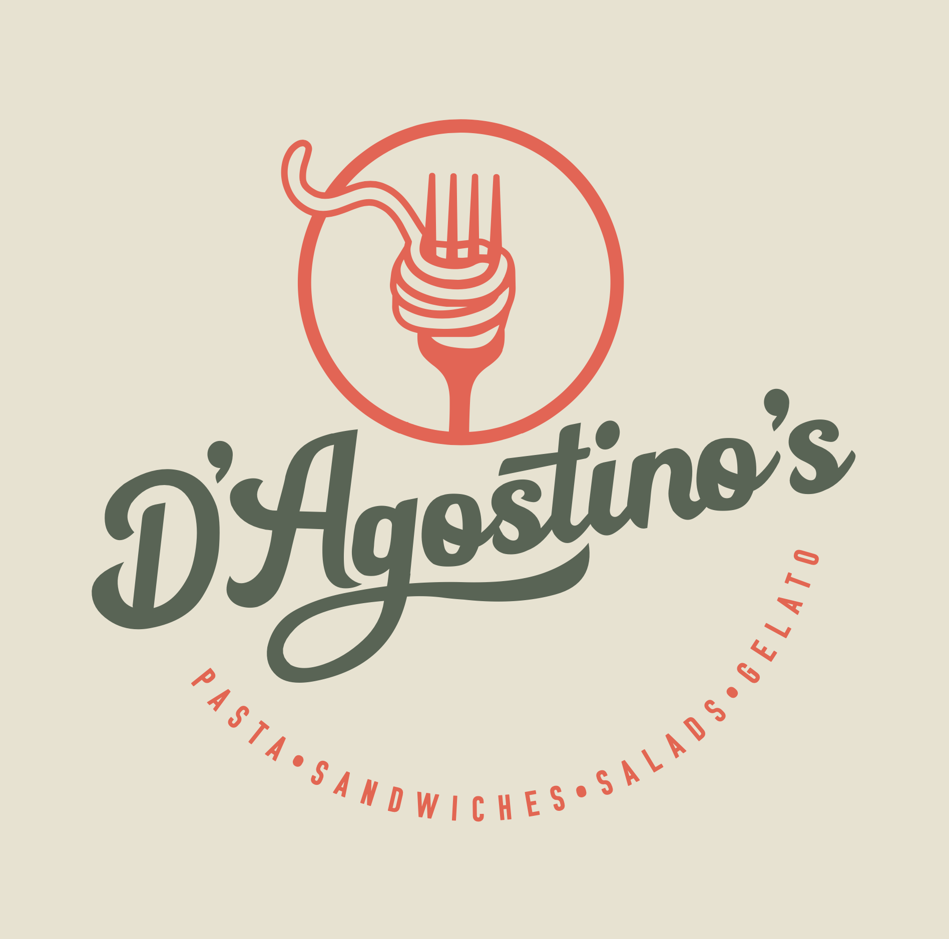 Logo for DJ's Deli featuring a stylized illustration of a lightbulb with a fork inside it. The background is beige, and there is red and dark green text surrounding the logo.
