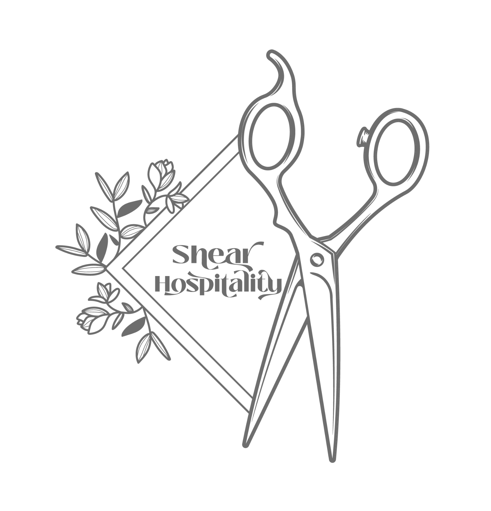 Black and white illustration of scissors cutting a leafy branch with text that reads 'Shear Hospitality'.
