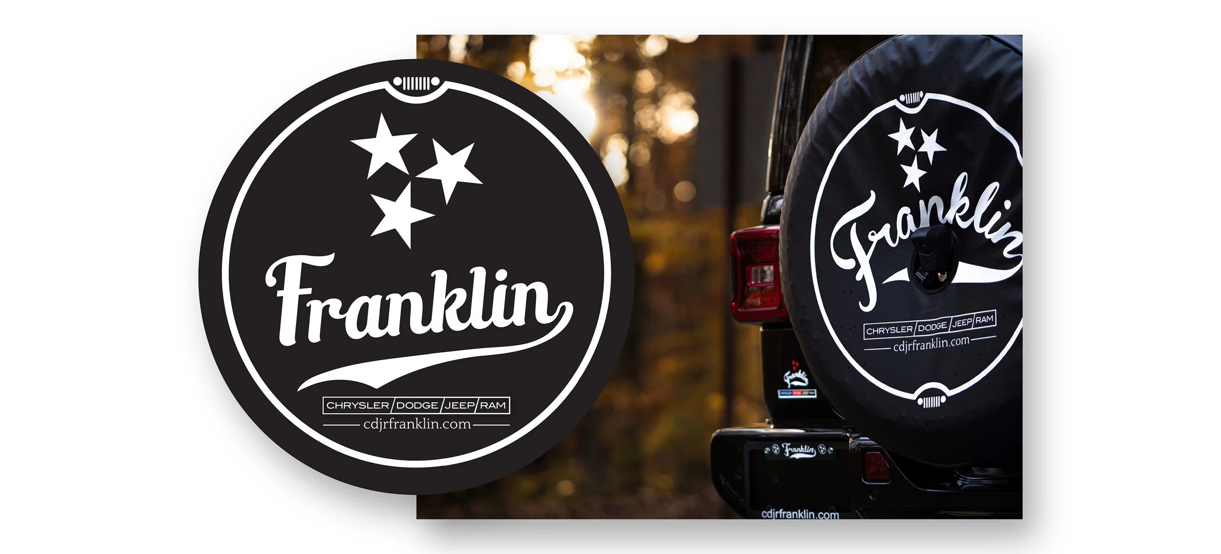 A black circular cover on a vehicle's spare tire with the Franklin dealership logo, featuring stars and the name 'Franklin' in stylized script, along with brands Chrysler, Dodge, Jeep, and Ram, and a website URL.