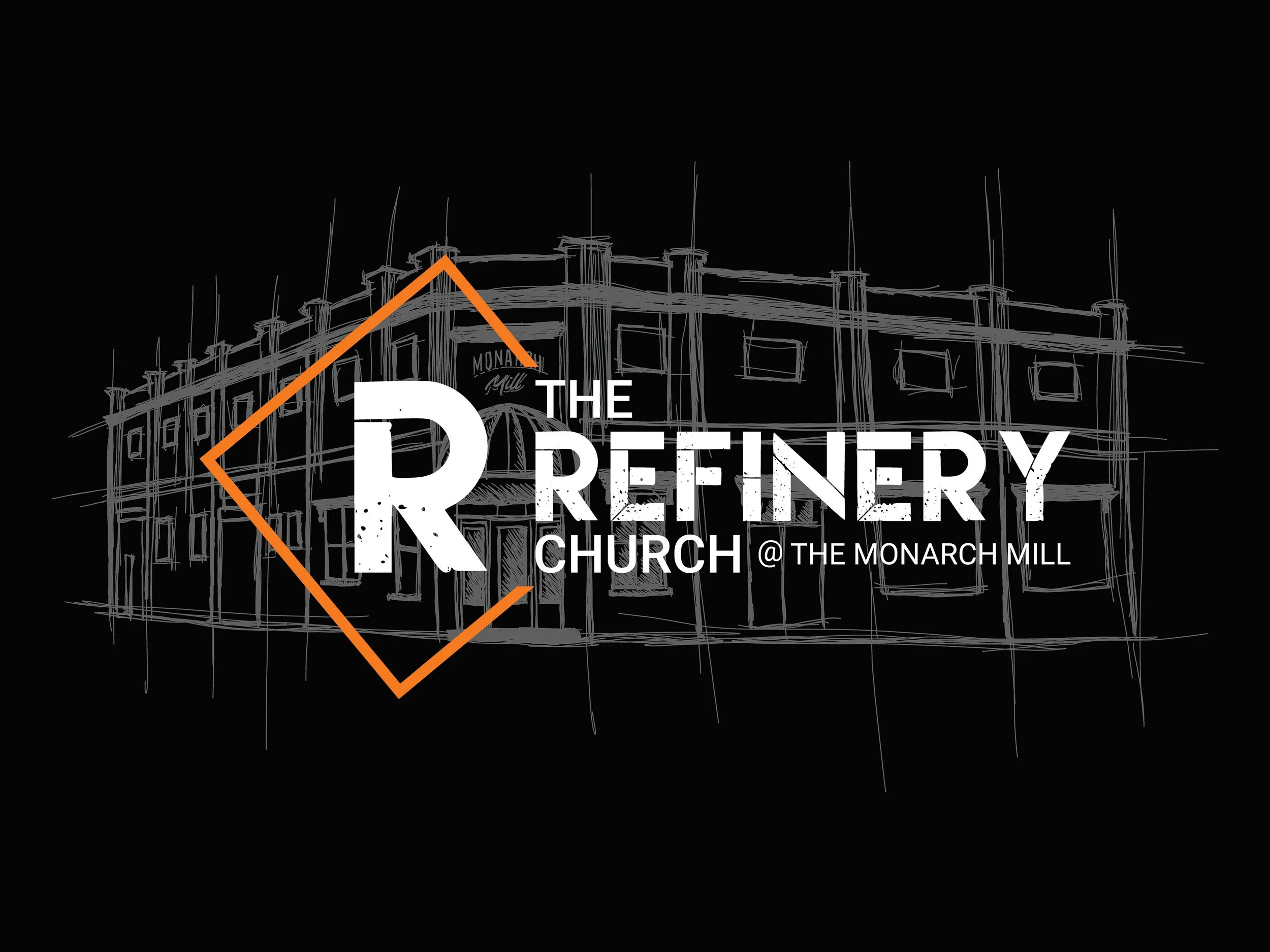 Drawing of a building with the text 'The Dreinery Church @ The Monarch Mill' and an orange diamond outline on a black background.