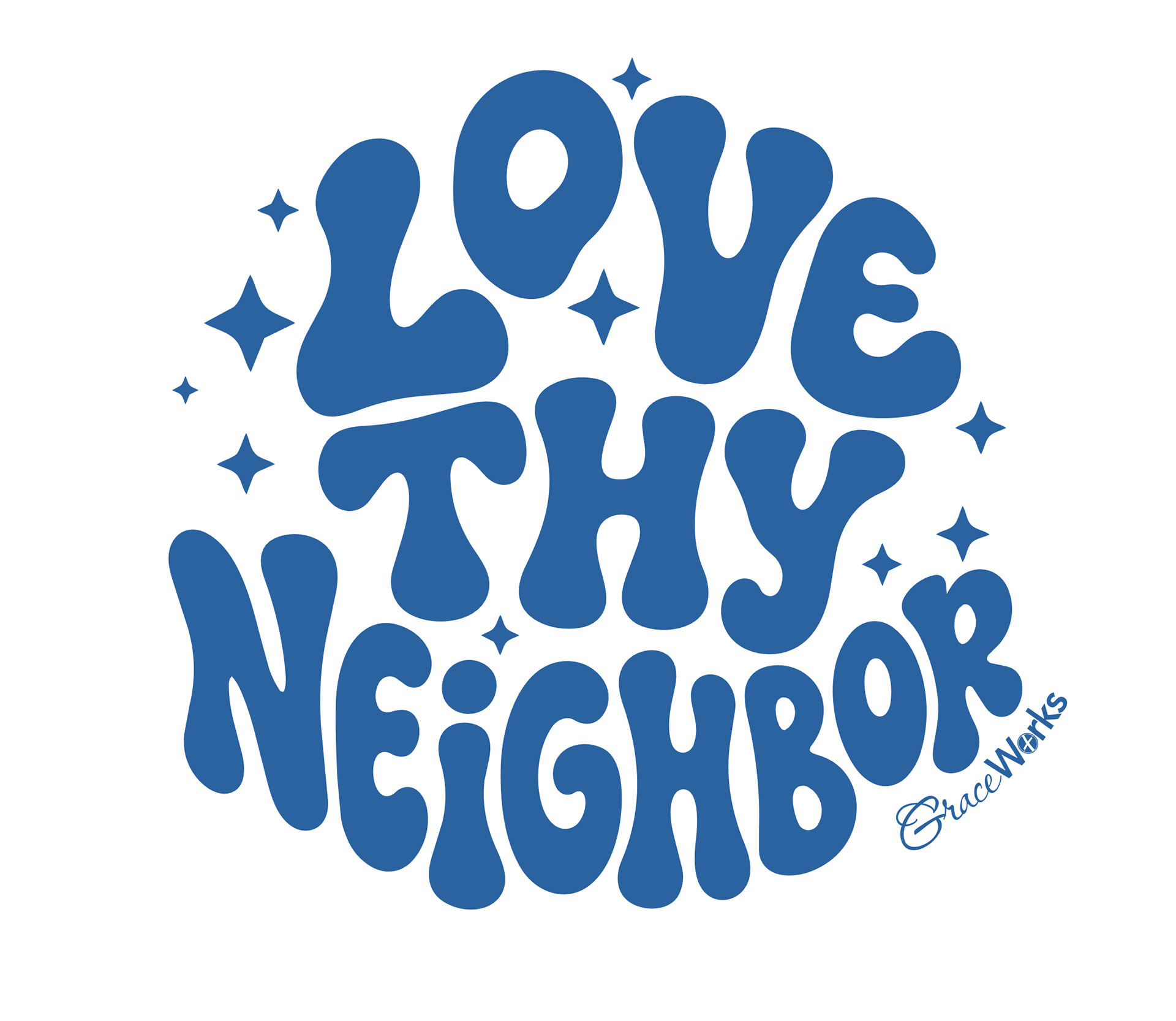 Blue winter-themed graphic with the words "Love Your Neighbour" in stylized font surrounded by snowflakes and stars.