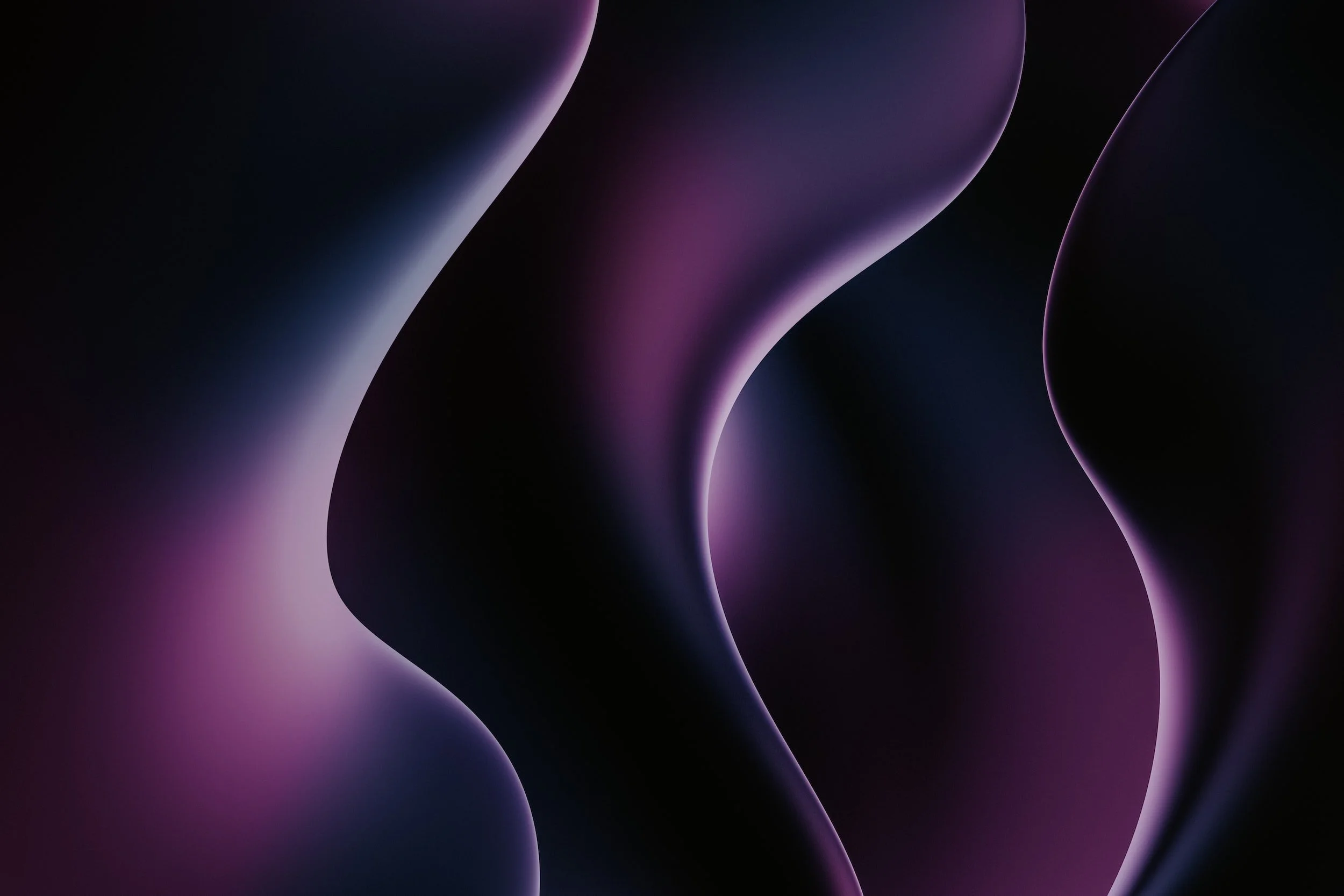 Abstract digital art with dark background and curved glowing shapes in purple, pink, and blue hues.