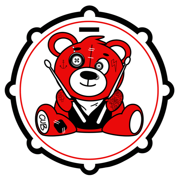 A cartoon red bear with a mechanical face, surrounded by a circular border, sitting with its paws raised, wearing a black and white outfit, and featuring various tattoos. The bear's left paw has a tattoo that says "CUB" and an anchor symbol, while th