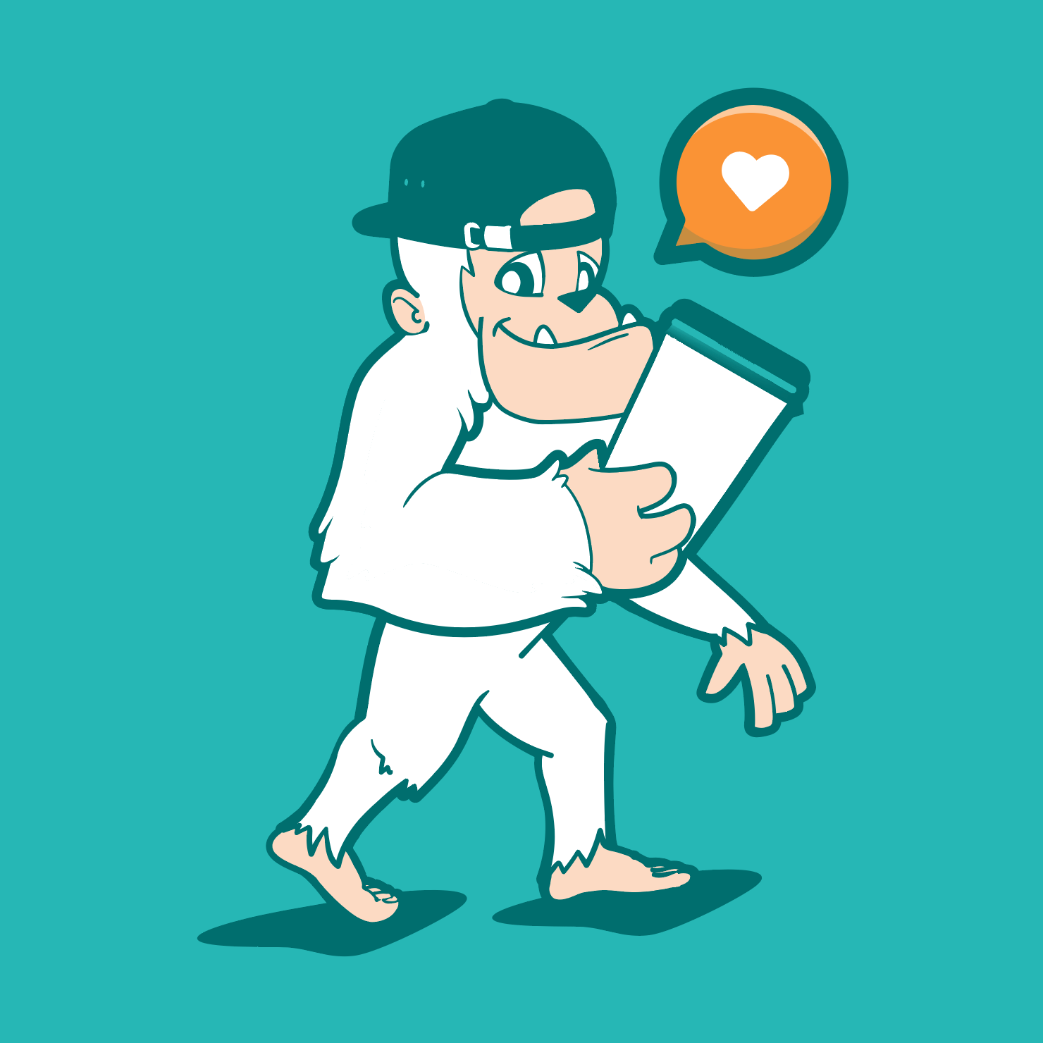 Cartoon of a Yeti with a backwards cap, looking at a smartphone, with a speech bubble containing a heart symbol.