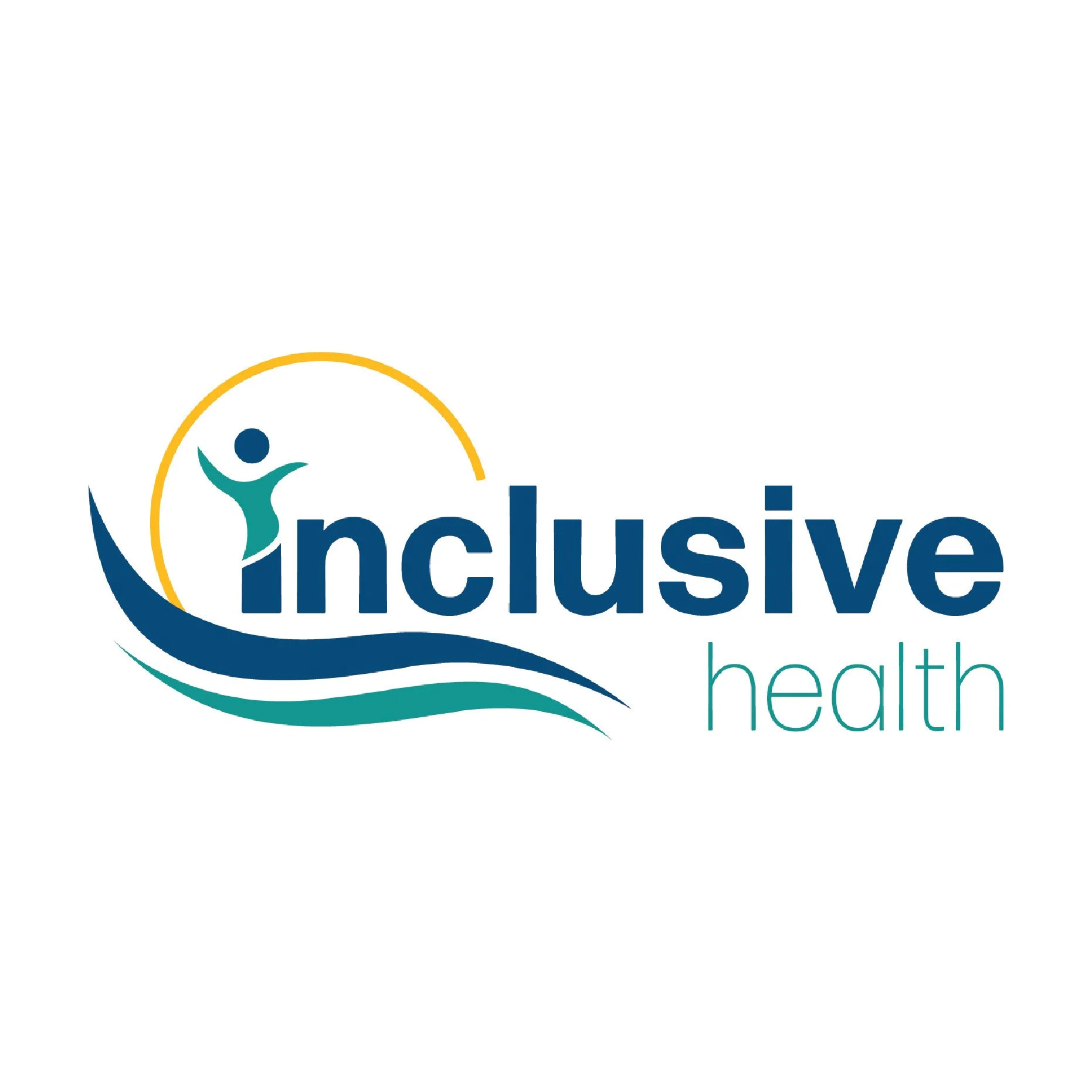 Logo for inclusive health featuring a stylized figure with outstretched arms inside a circle, with the words 'inclusive health' beside it.