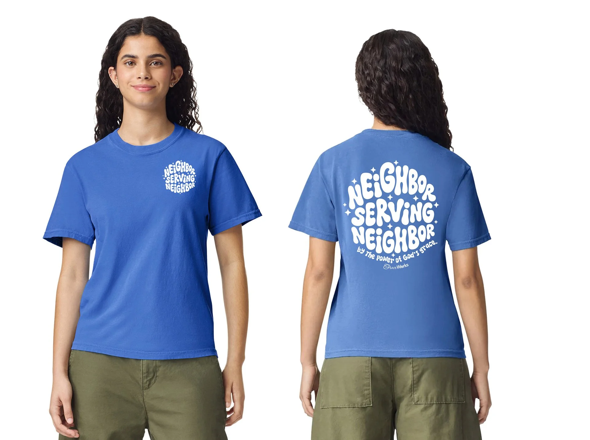 Front and back views of a woman wearing a blue T-shirt with white text that reads "Neighbor Serving Neighbor" and green pants, with a plain white background.