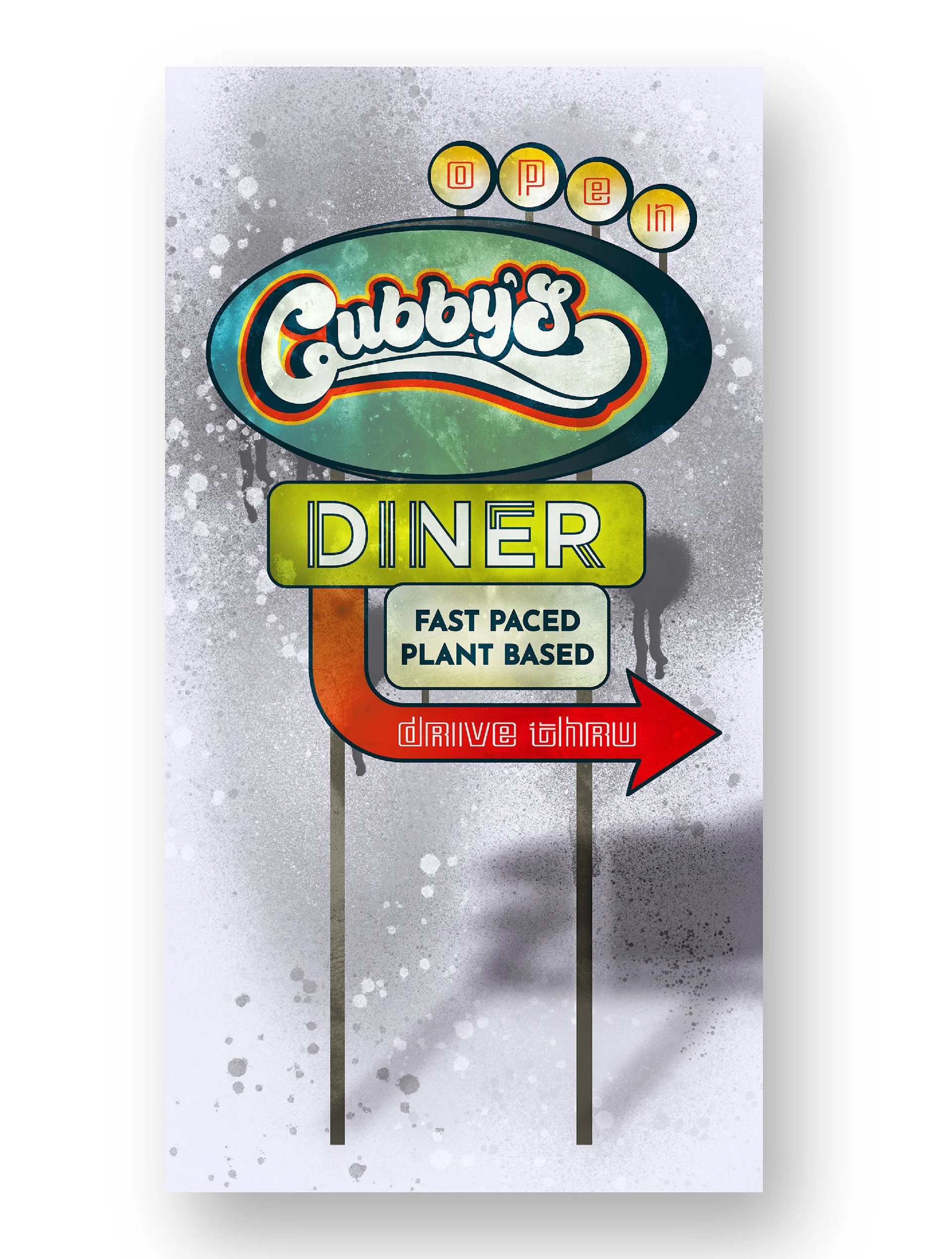 A neon sign for Gabby's Diner, which is fast paced and plant based, with an arrow pointing to drive-thru.