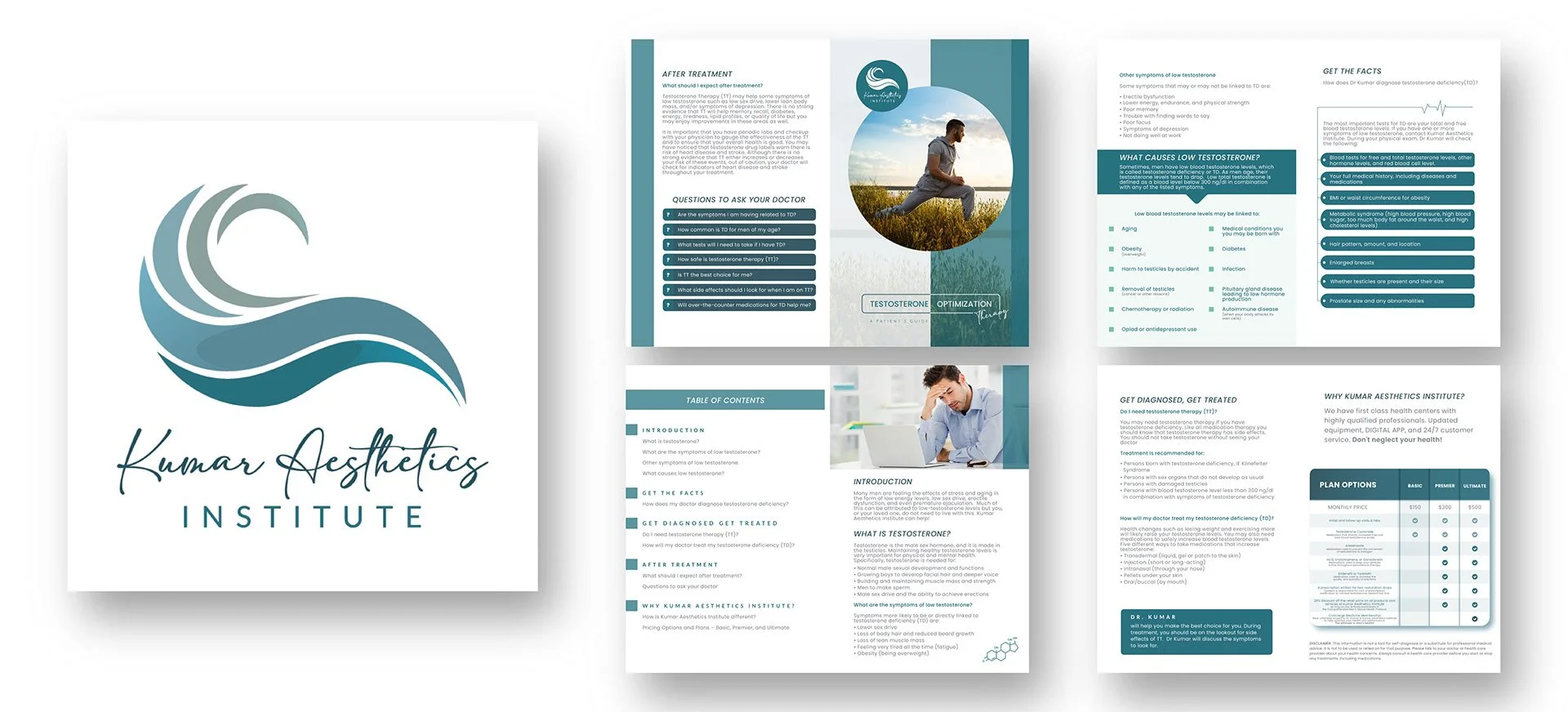 Kumar Aesthetics Institute brochure with logo, informational pages, and a photograph of a man exercising outdoors.