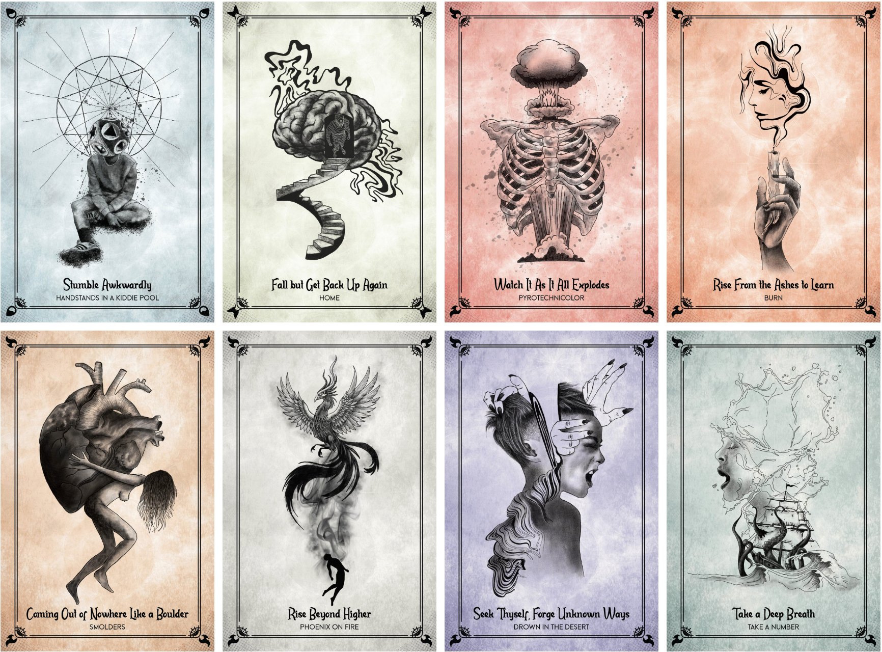 A collection of eight tarot-style cards with abstract and surreal artwork and motivational phrases.