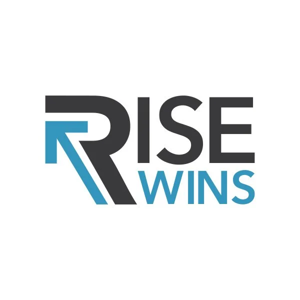 Logo with the words 'Rise Wins' and a stylized 'R' in black and blue.