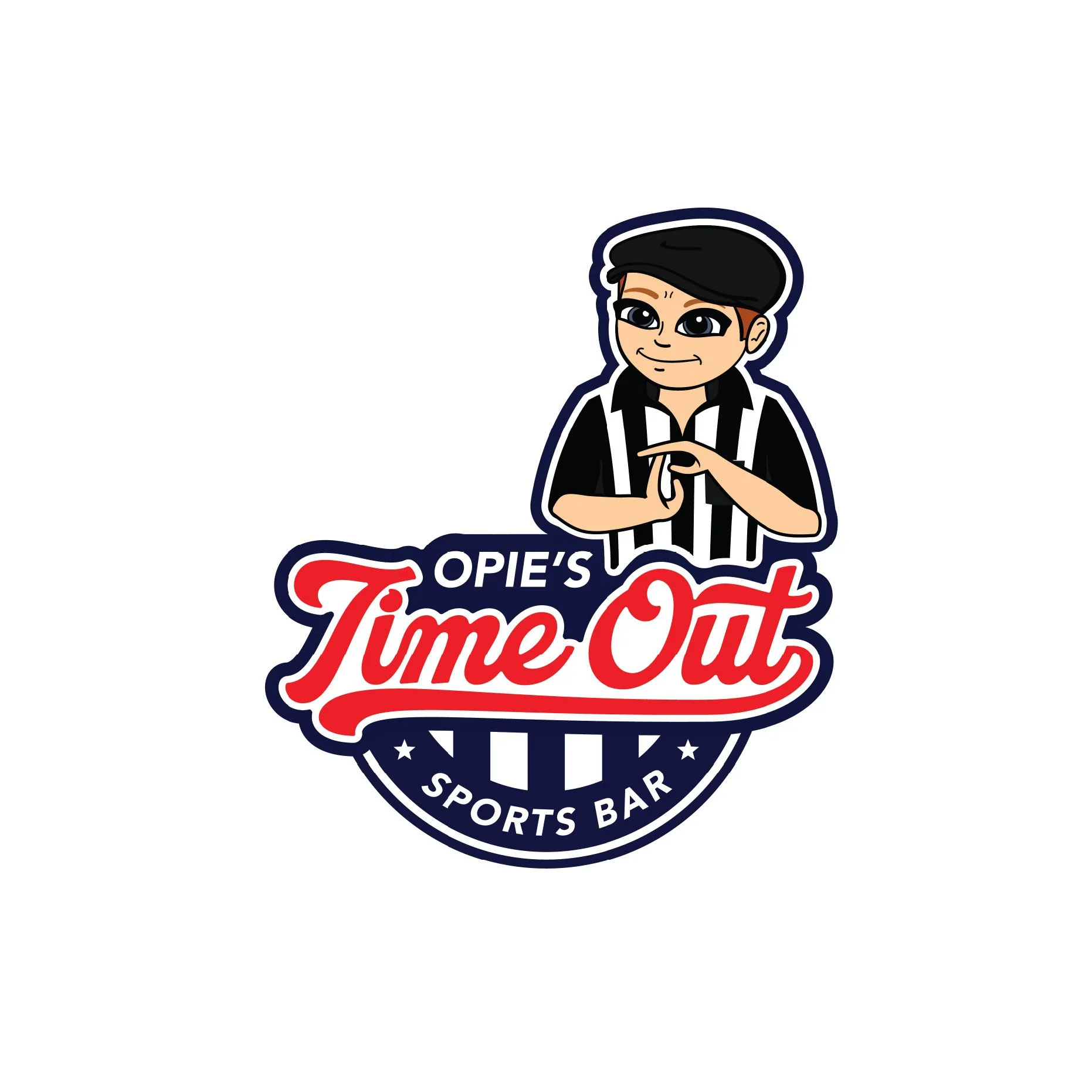 Logo for Time Out Sports Bar featuring a cartoon man pointing and wearing a black cap and black-and-white striped shirt.
