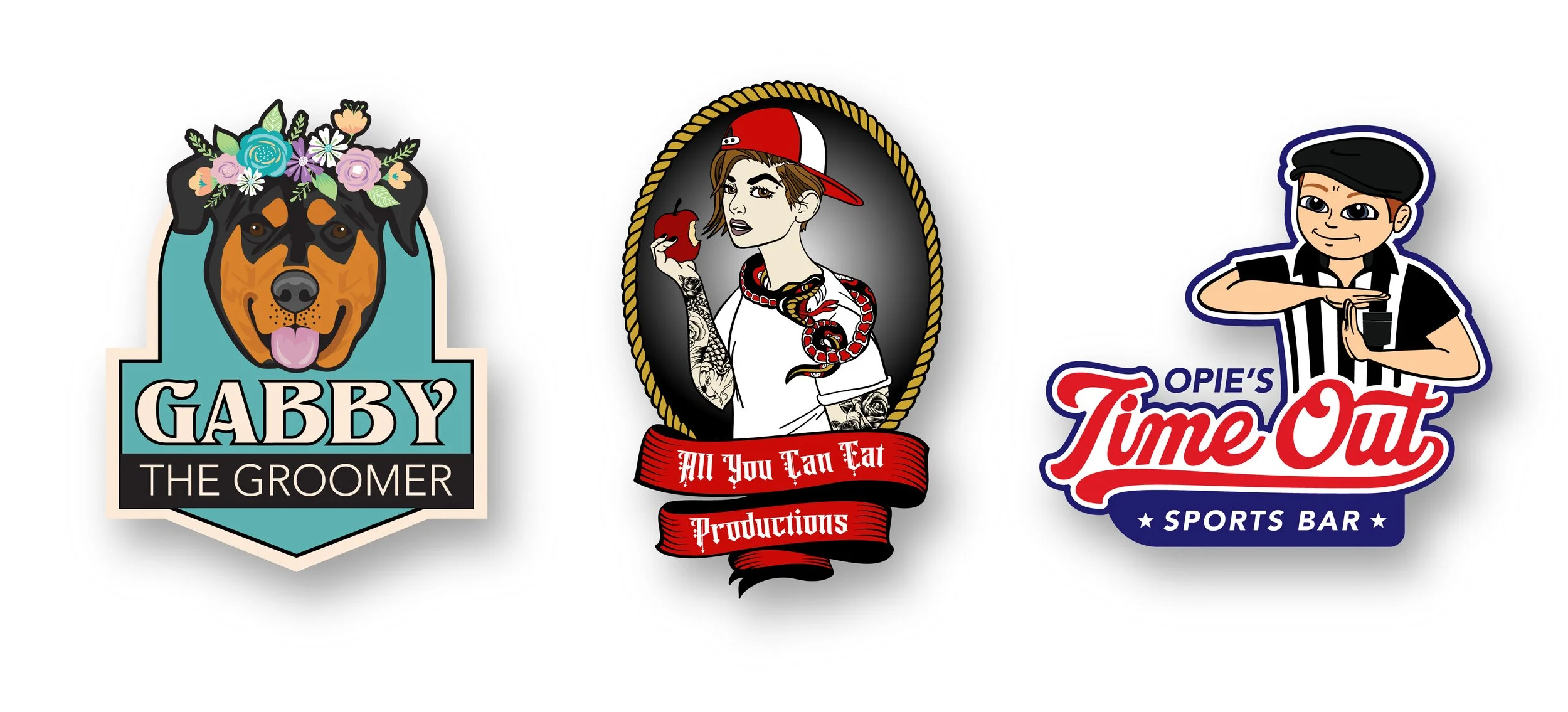 Three logos for businesses or brands: the first features a dog's face with a floral crown and the text "GABBY THE GROOMER", the second has a female tattooed figure wearing a baseball cap holding an apple with the text "All You Can Eat Productions", a
