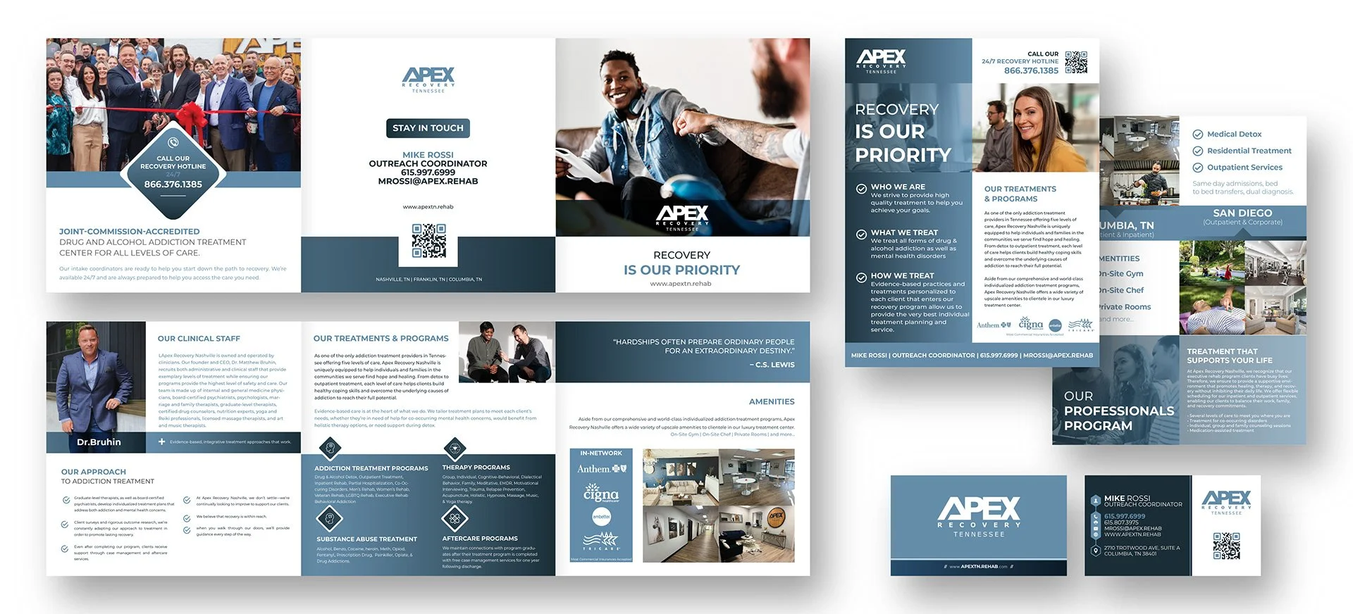 A digital brochure for Apex Recovery Tennessee, advertising addiction treatment services with images of staff, facilities, and happy clients.