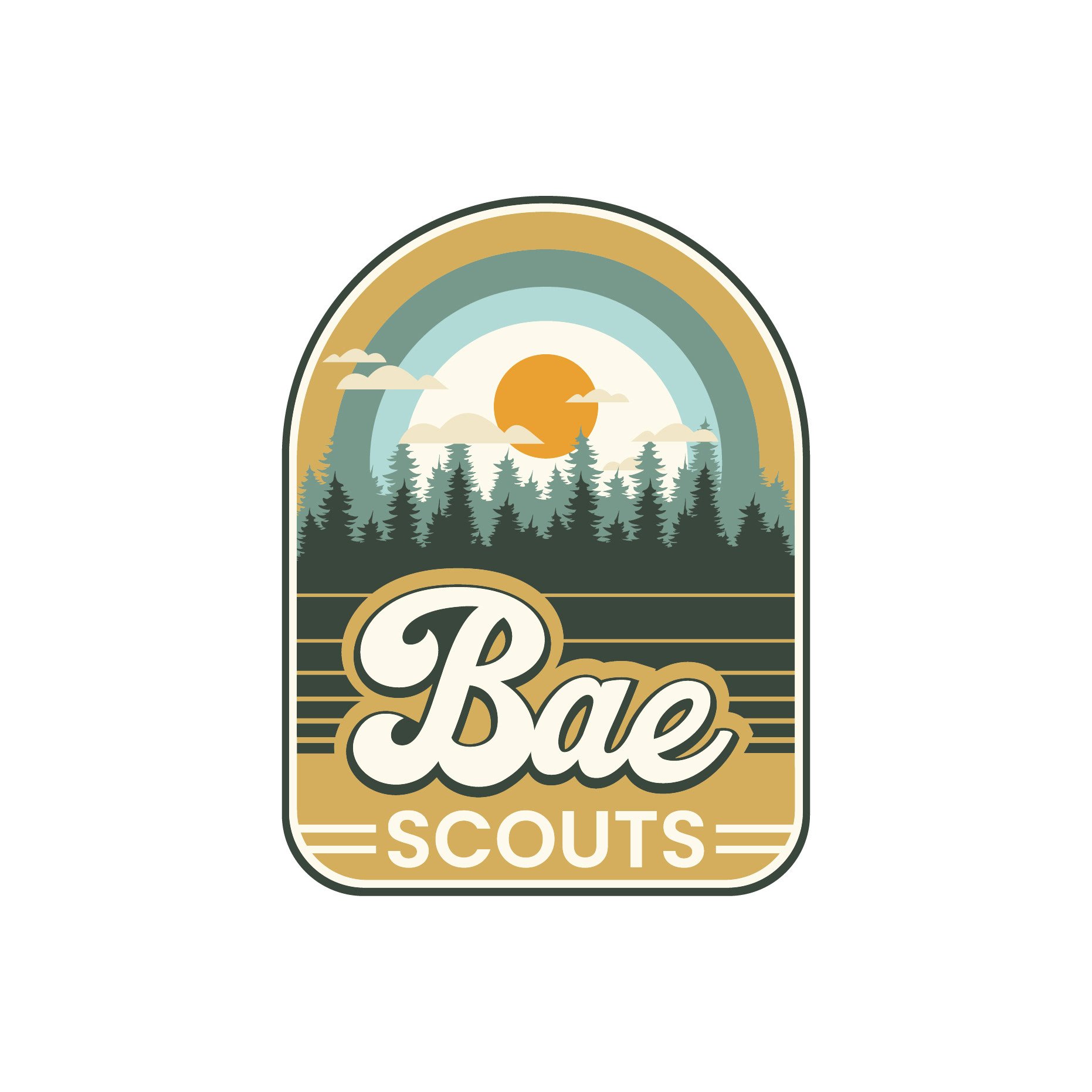 Logo for Boy Scouts of America featuring a forest scene with trees, a sunset, clouds, and a rainbow in earthy tones.