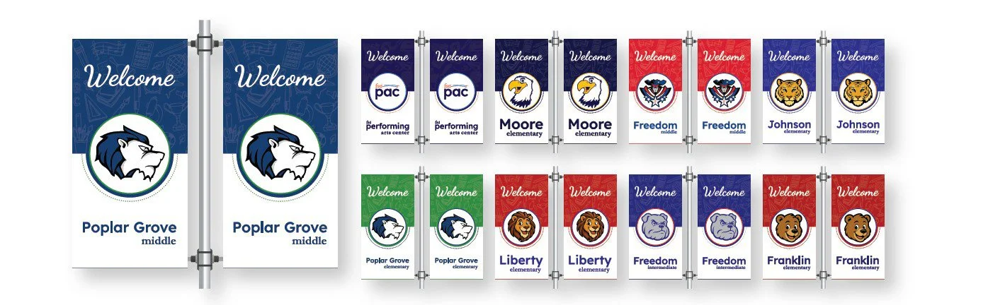 School welcome banners featuring various elementary school names and mascots, arranged in rows with different colors and animal logos.