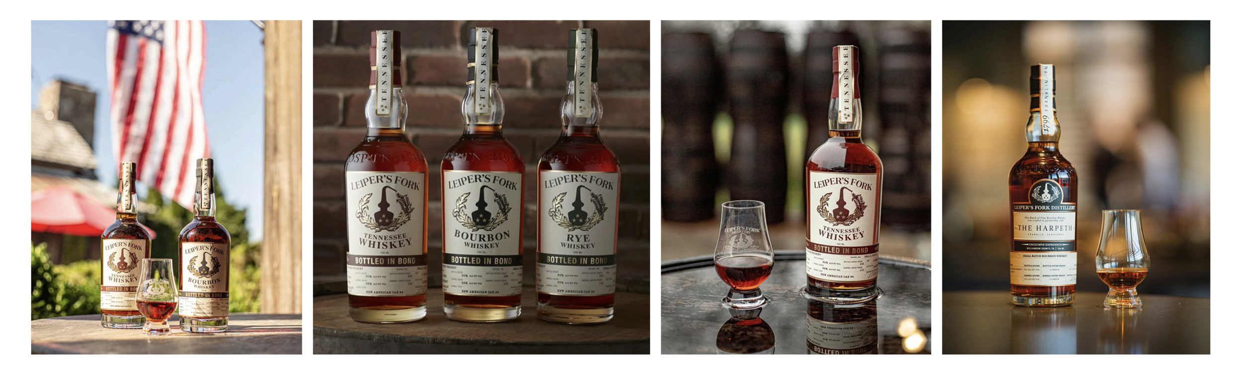 Collection of whiskey bottles from Leiper's Fork Distillery including Tennessee Whiskey, Bourbon, Rye, and The Harpeth, with whiskey glasses on display.