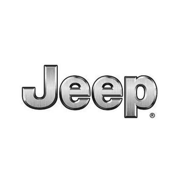 Jeep logo in metallic gray on a white background.