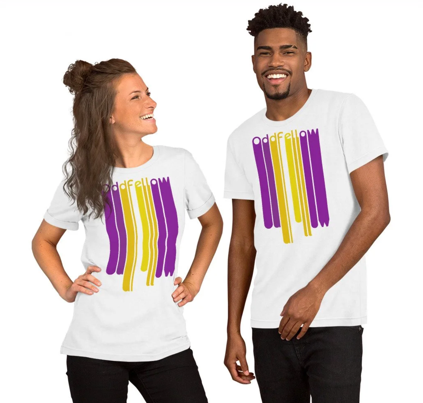 Two people, a woman and a man, wearing white t-shirts with purple and yellow vertical striped graphic and the word 'addFALLow' printed on them, smiling and standing against a plain white background.