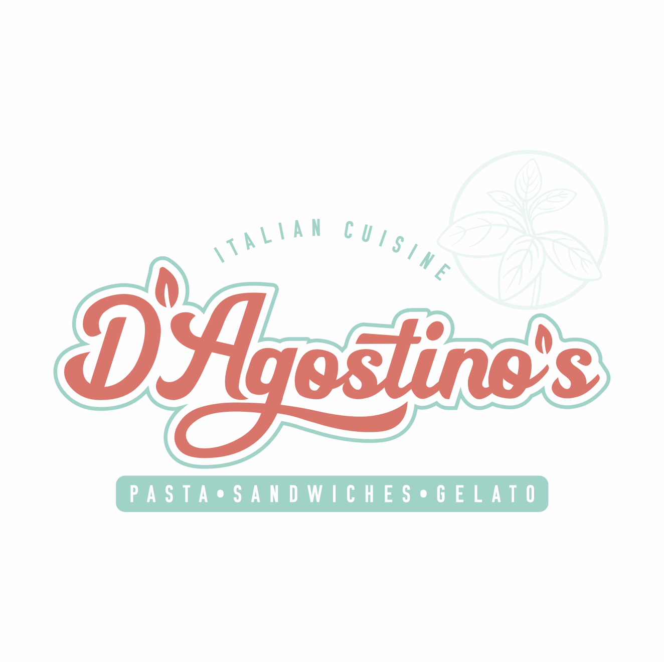 Logo for D'Apostino's Italian Cuisine with text for pasta, sandwiches, and gelato, featuring a stylized basil leaf design.