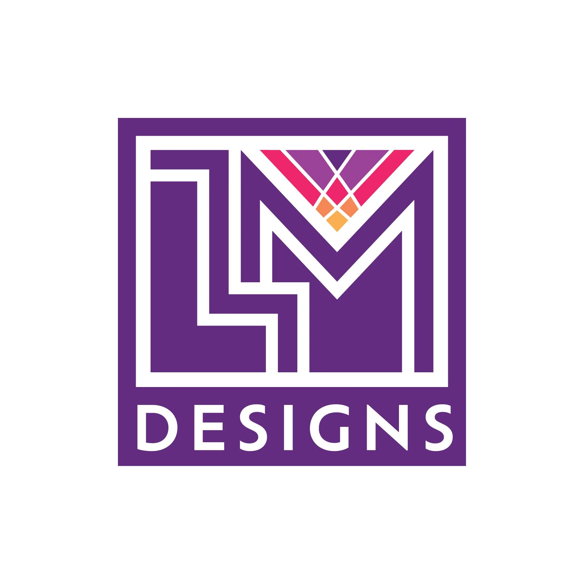 Logo with purple outline, geometric shapes, and text 'DESIGNS' in white letters at the bottom.