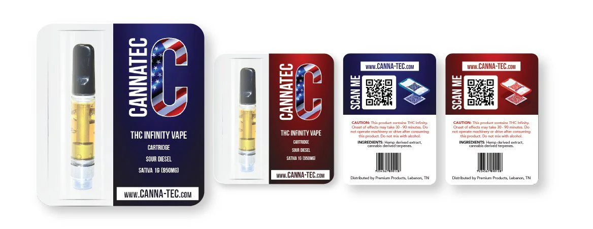Four packages of cannabis vape cartridges with branding and QR codes, labeled as THC Infinity Vape in different flavors.