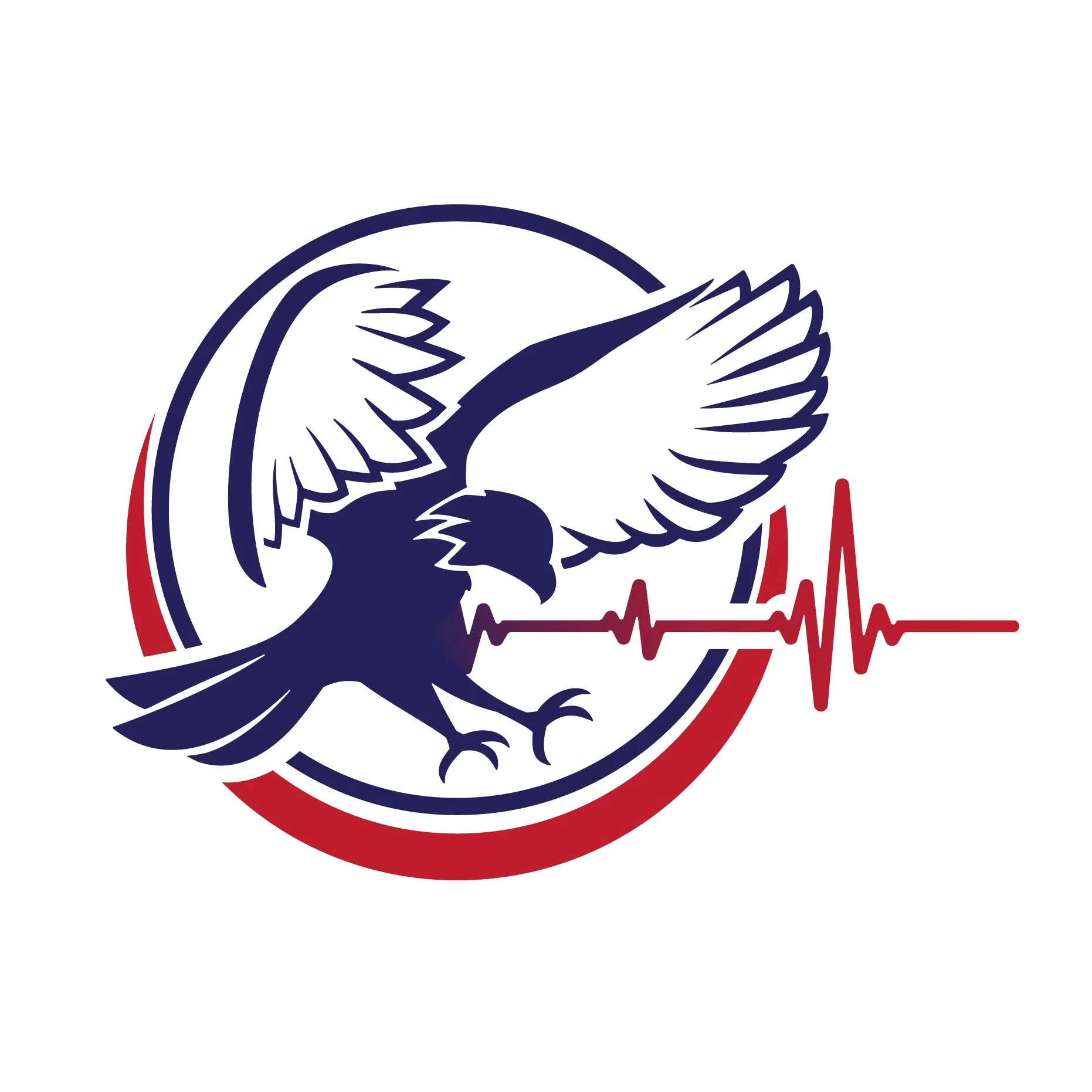 Stylized eagle with outstretched wings inside a circular shape. The eagle's feathers are detailed, and the design uses dark blue, red, and gold colors. Red and gold elements resemble a heartbeat or sound wave pattern.