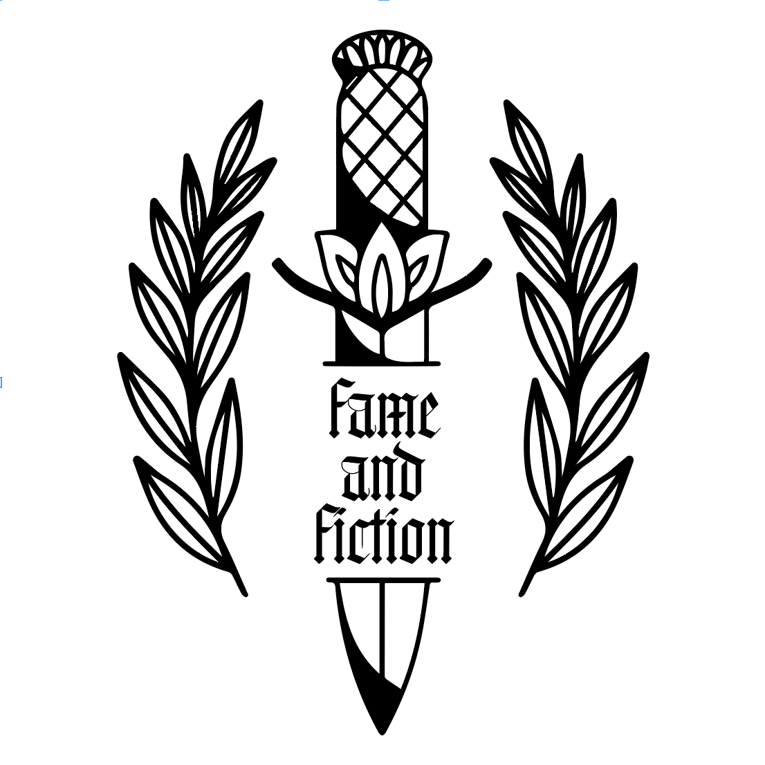 Black and white logo of a dagger with laurel branches on both sides, containing the words 'Face and Fiction' in gothic font.