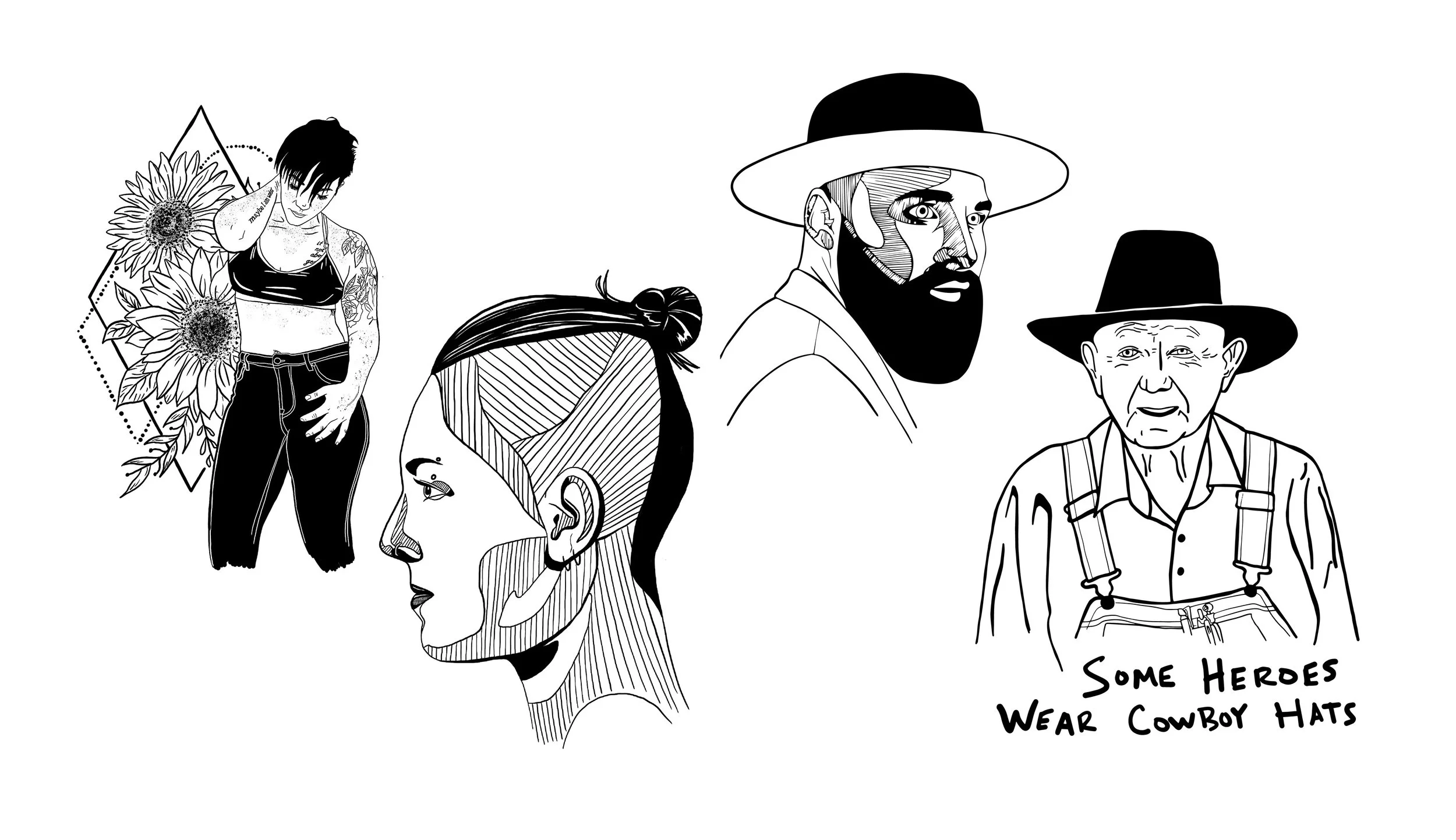 Black-and-white illustration of five diverse individuals, including a young woman with tattoos and sunflower background, a woman with a nose piercing, a bearded man in a wide-brimmed hat, an elderly man wearing a hat and suspenders, and a partial fac