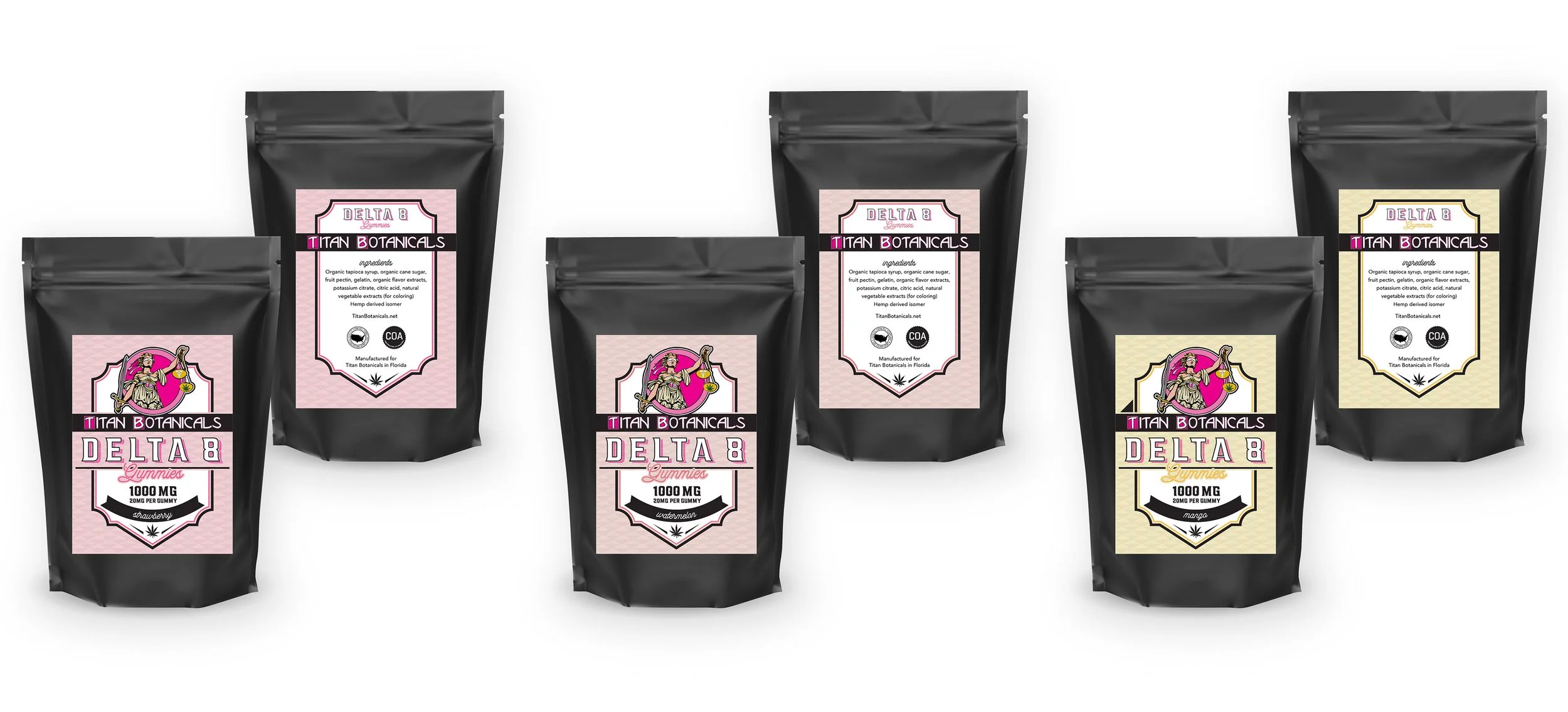 Packaging of Delta 8 gummies in black resealable pouches with colorful labels, featuring branding and flavor information.