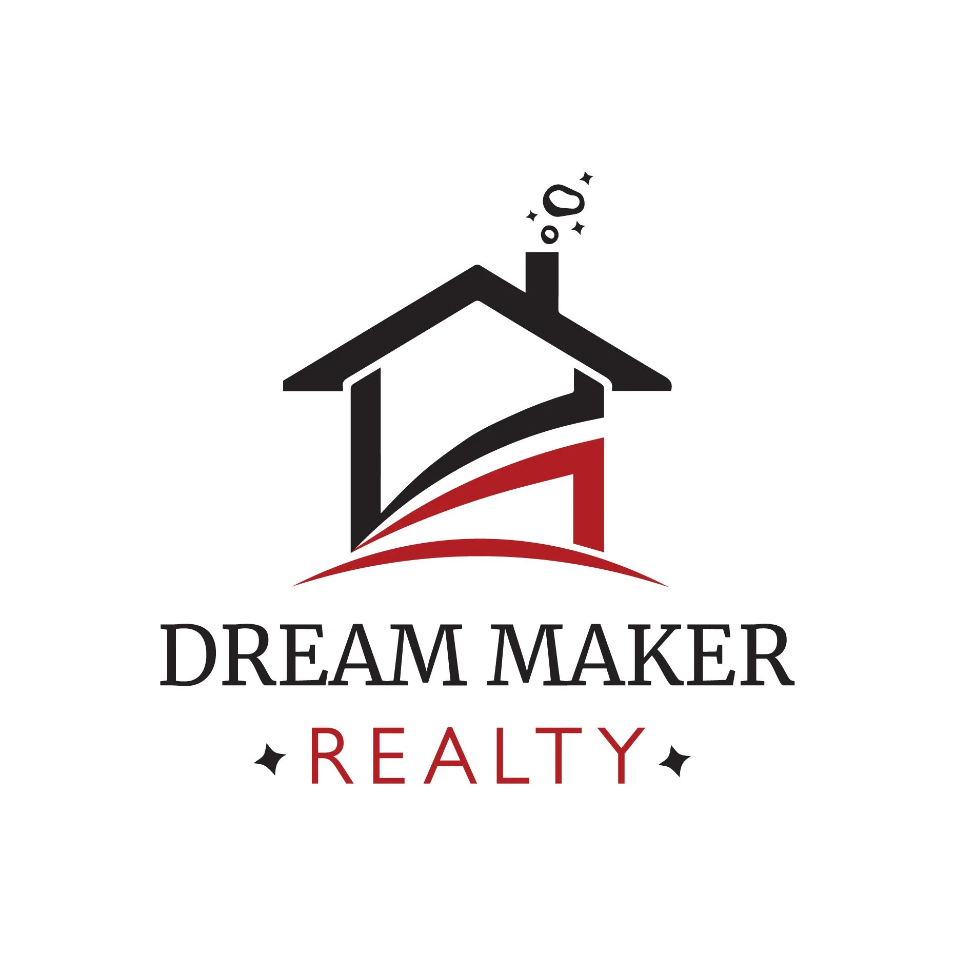Logo for Dream Maker Realty featuring a house outline, a roof with a chimney, the words "Dream Maker" in black uppercase letters, and "REALT Y" in red, with decorative black stars and red arcs.
