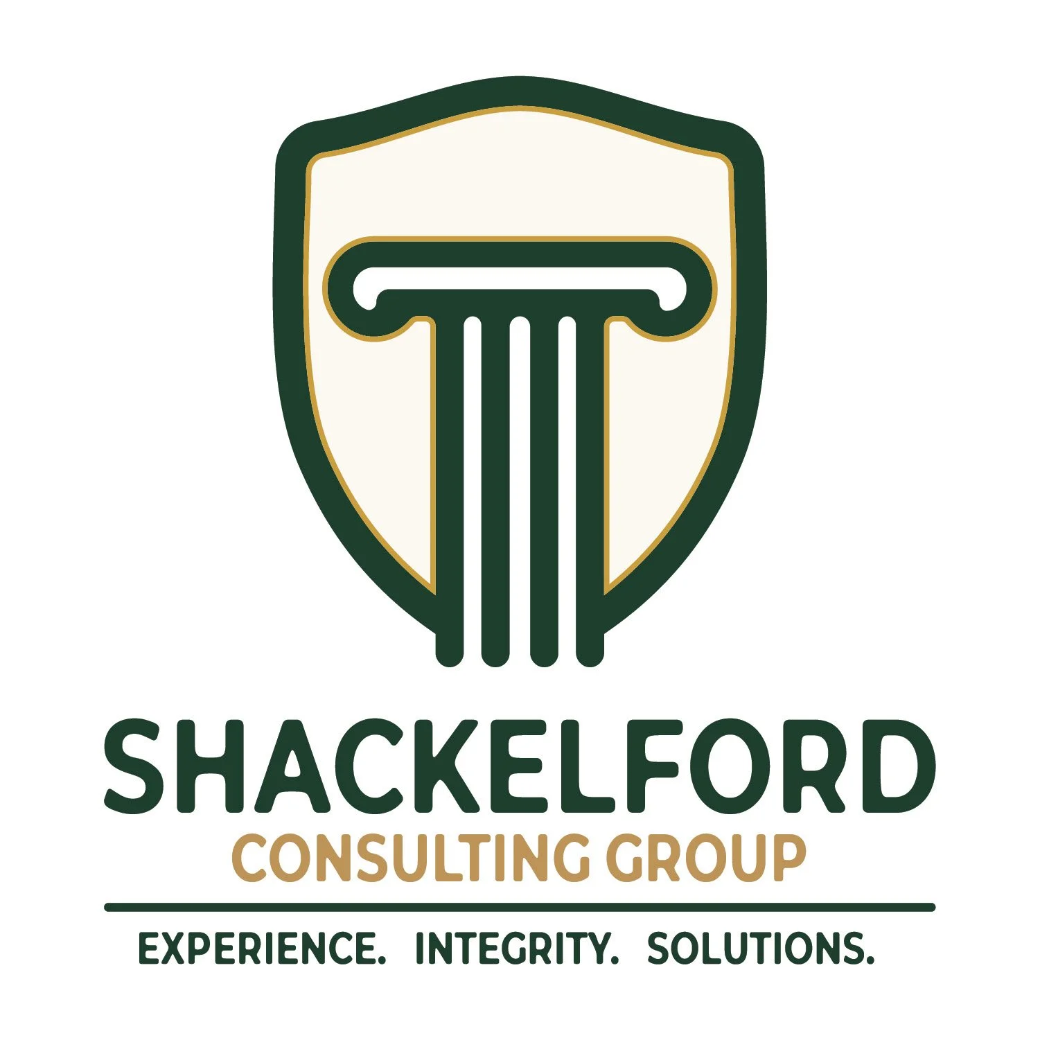 Logo of Shackleford Consulting Group featuring a shield with a stylized pillar in the shape of a guitar to represent Music City  and the words 'Shackleford Consulting Group' with the tagline 'Experience. Integrity. Solutions.'