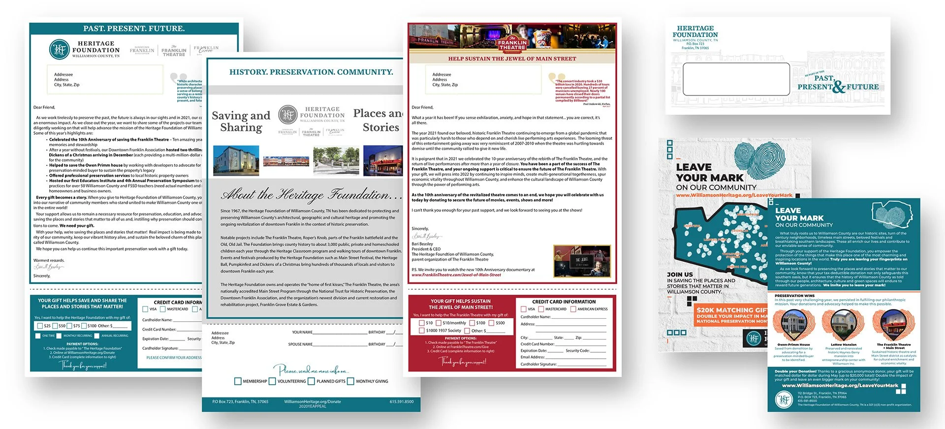 Collection of six brochures and flyers from the Heritage Foundation in Williamson County, Tennessee. The materials promote preservation, community stories, and upcoming events for the Franklin Theatre and downtown Franklin, including donation options