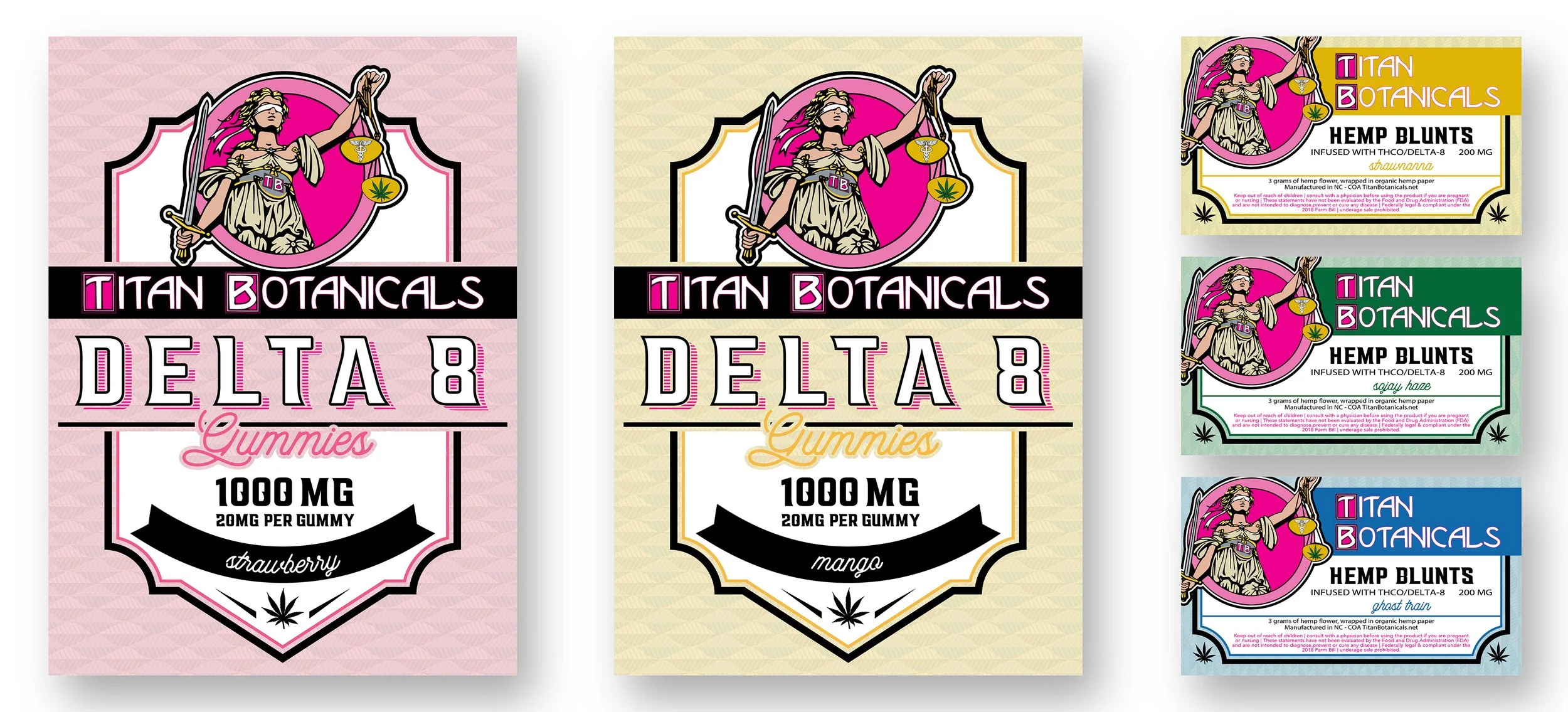 Package designs for Titan Botanicals Delta 8 gummies in strawberry and mango flavors, with additional packaging options in various colors for hemp blunts infused with THC and Delta-8.