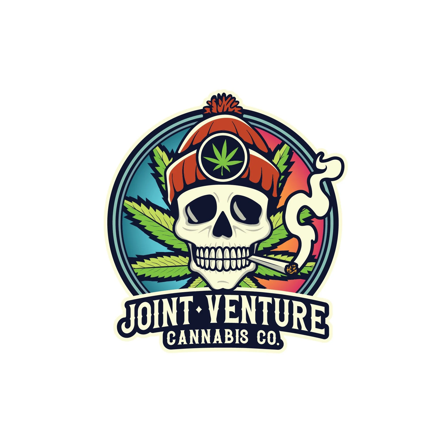 A colorful logo featuring a skull with a cannabis leaf on its forehead, surrounded by cannabis leaves and other vibrant elements, with text that reads 'Joint Venture Cannabis Co.'